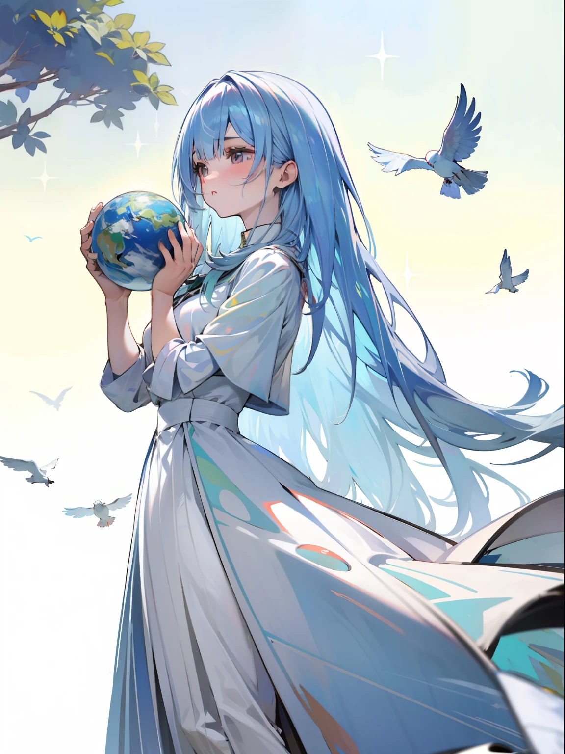 Environmental theme，Ecology，720p，Ultra high quality，teens girl，White-skinned maiden，planet earth，tree branch，Dove of peace，White doves flew by，Beautiful hair，beautiful teenage girl，Light green background，Super real，Highest image quality，Master made，Perfect painting，beautiful teenage girl，big trees，Grass，A large, brightly colored earth，Girl's face，Holding the earth in your hand