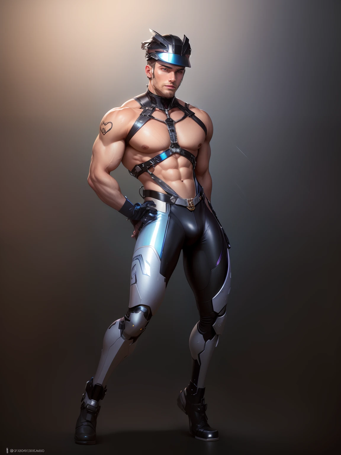 G is so handsome, So handsome, Expose muscles,Wear a mechanical helmet,(Exposing the pectoral muscles)Mechanical wind,future-tech,Raised sexy,nakeness,The skin is combined with the instrument,so charming and holy, Hot face, top handsome guy,Sky blue and lilac,white colors