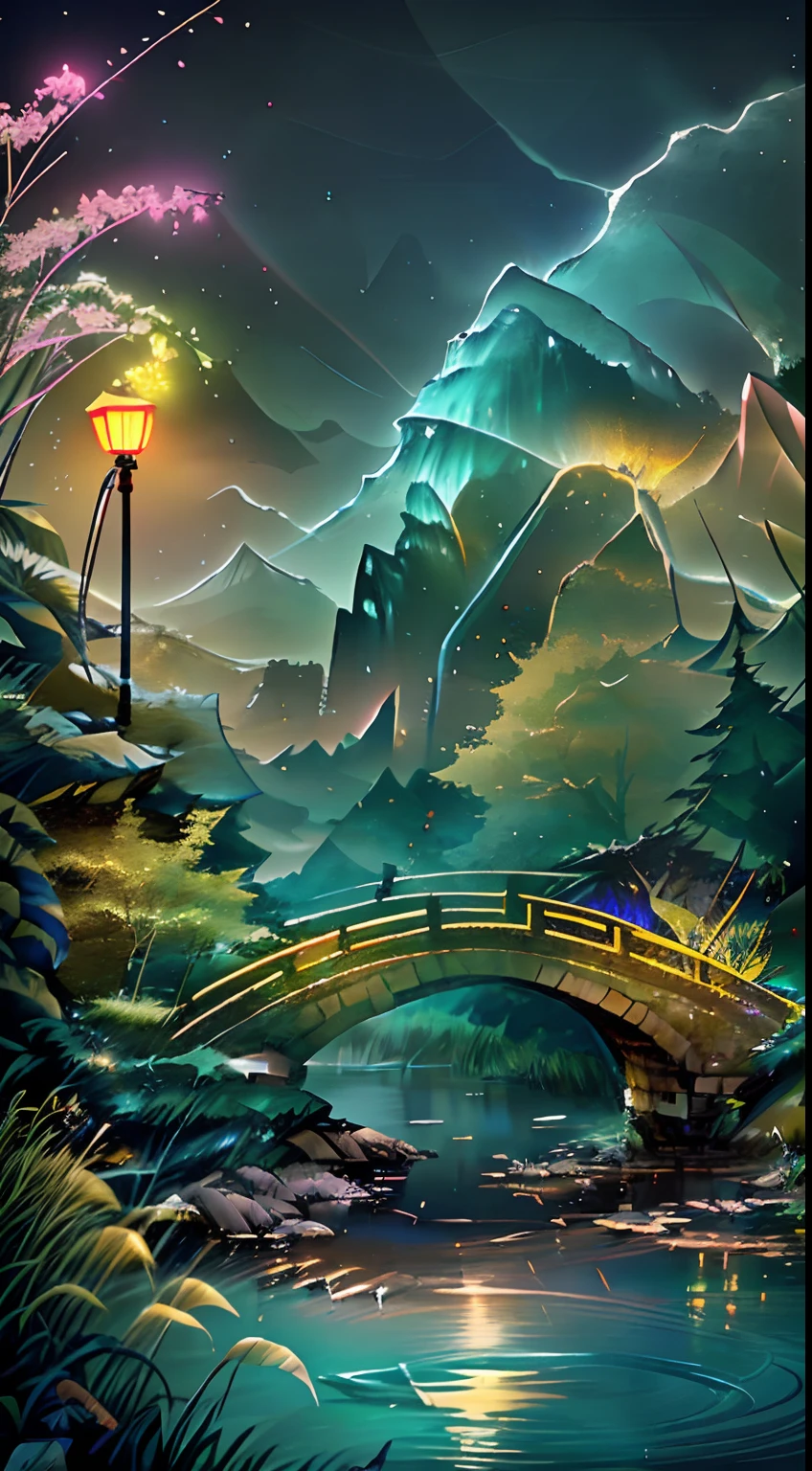 ((diffuse colors)), (( Top view, high angle view, Focal point composition)), Ancient Chinese architecture, cool colors, dark night, moon, garden, bamboo, lake, stone bridge, rockery, arch, corner, tree, running water, landscape, outdoor, waterfall, grass, rock, intense rainfall, thunderstorm, vines all around, giant and wet trees, with glowing leaves in the trees, glowing fireflies and glowing particle effects, a japanese castle at the top of a mountain, masterpiece, best quality, high quality, extremely detailed CG unity 8k wallpaper, oil paiting, award winning photography, Bokeh, Depth of Field, HDR, bloom, ,Photorealistic,extremely detailed, trending on artstation, trending on CGsociety, Intricate, High Detail, dramatic, art by midjourney, volumetric lighting