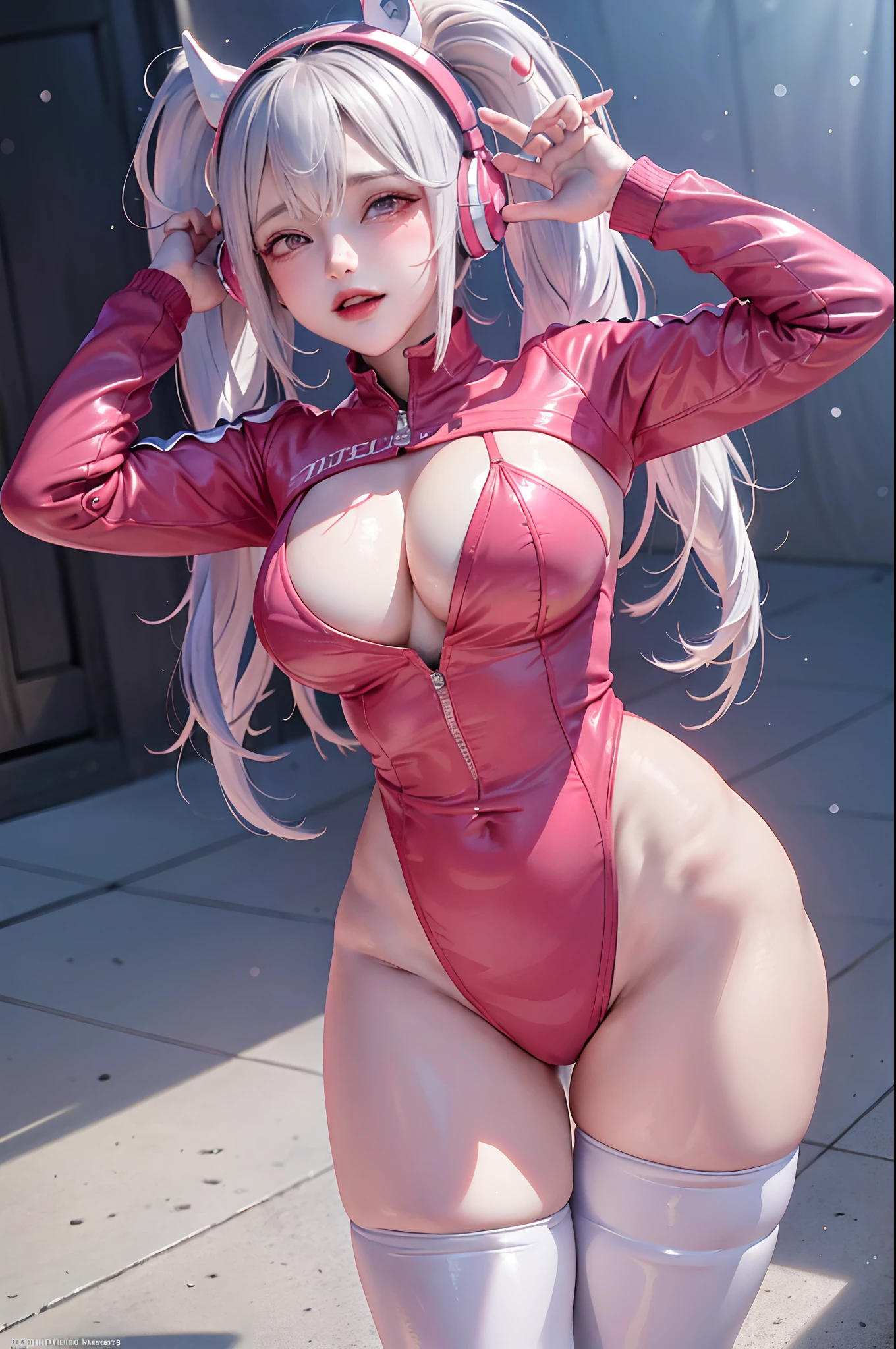 (RAW photo, best quality, masterpiece:1.2), (realistic, photo-realistic:1.4),(masterpiece:1.4),(best quality:1.4),1girl, solo, :d, animal ear headphones, animal ears, arms up, bangs, blush, bodysuit, breasts, bunny pose, clothes writing, covered navel, cowboy shot, cropped jacket, fake animal ears, gloves, outdoor,morning,snow, hair intakes, headphones, impossible bodysuit, impossible clothes, jacket, large breasts, latex, latex bodysuit, long hair, long sleeves, looking at viewer, large breasts, multicolored gloves, open mouth, pink bodysuit, pink eyes, red eyes, red jacket, shiny clothes, shrug \(clothing\), sidelocks, skin tight, smile, thigh gap, thighs, twintails, very long hair, white gloves, white hair,alice \(nikke\),(shiny skin),realistic,