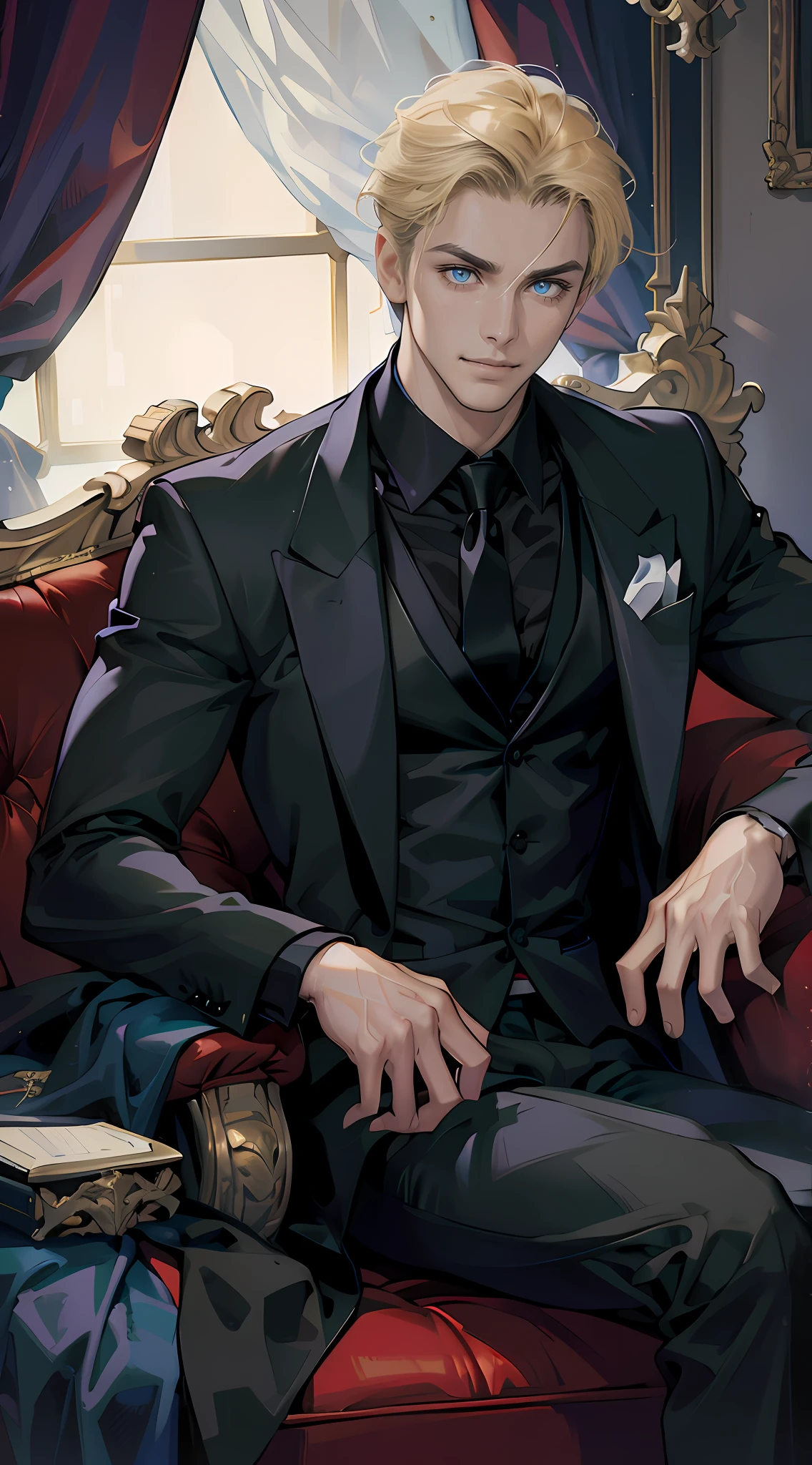 (tmasterpiece, high resolution, ultra - detailed:1.0), (1boy, Young male), Perfect male body, Eyes look at the camera, Delicate eyes and delicate face, Extremely detailed CG, Unity 8k wallpaper, Complicated details, solo person, Detailed face, (with short golden hair, Forehead exposed, 3-piece-suit, Black shirt, tiese, ), (Evil smile), Sit on the sofa in a luxurious room, Male model, color difference, Depth of field, dramatic shadow, Ray tracing, Best quality, offcial art, Portrait,