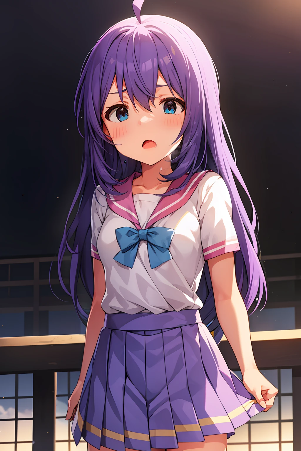 mochizuki anna,1girl in,Solo,Long hair,Purple hair,Medium chest.Ahoge,Blue eyes.Short stature.white t-shirts.suspenders.Skirt.Evening glow.the setting sun.Despair face.Sweat.Opening Mouth.up chest.Fighting stance.