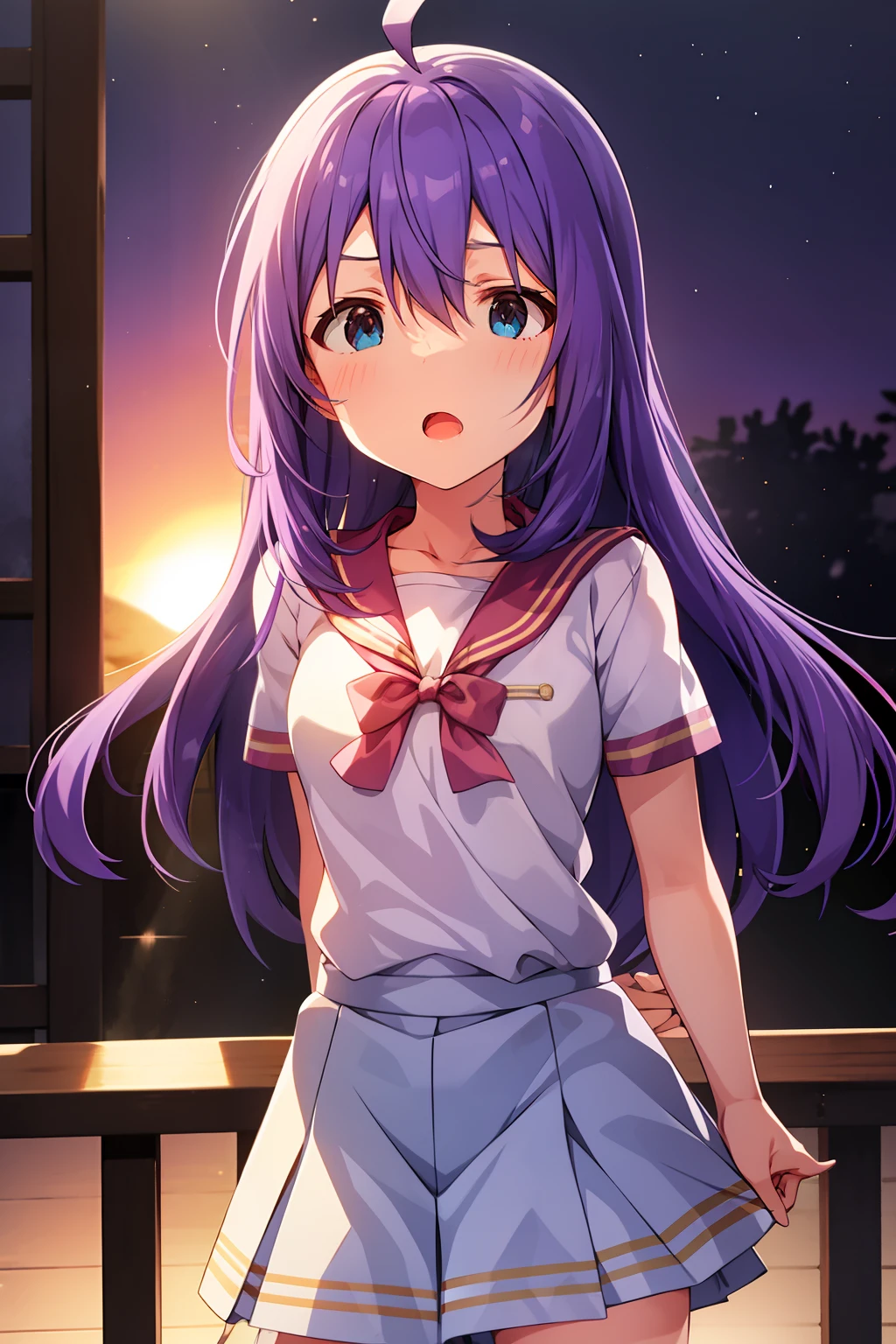 mochizuki anna,1girl in,Solo,Long hair,Purple hair,Medium chest.Ahoge,Blue eyes.Short stature.white t-shirts.suspenders.Skirt.Evening glow.the setting sun.Despair face.Sweat.Opening Mouth.up chest.Fighting stance.
