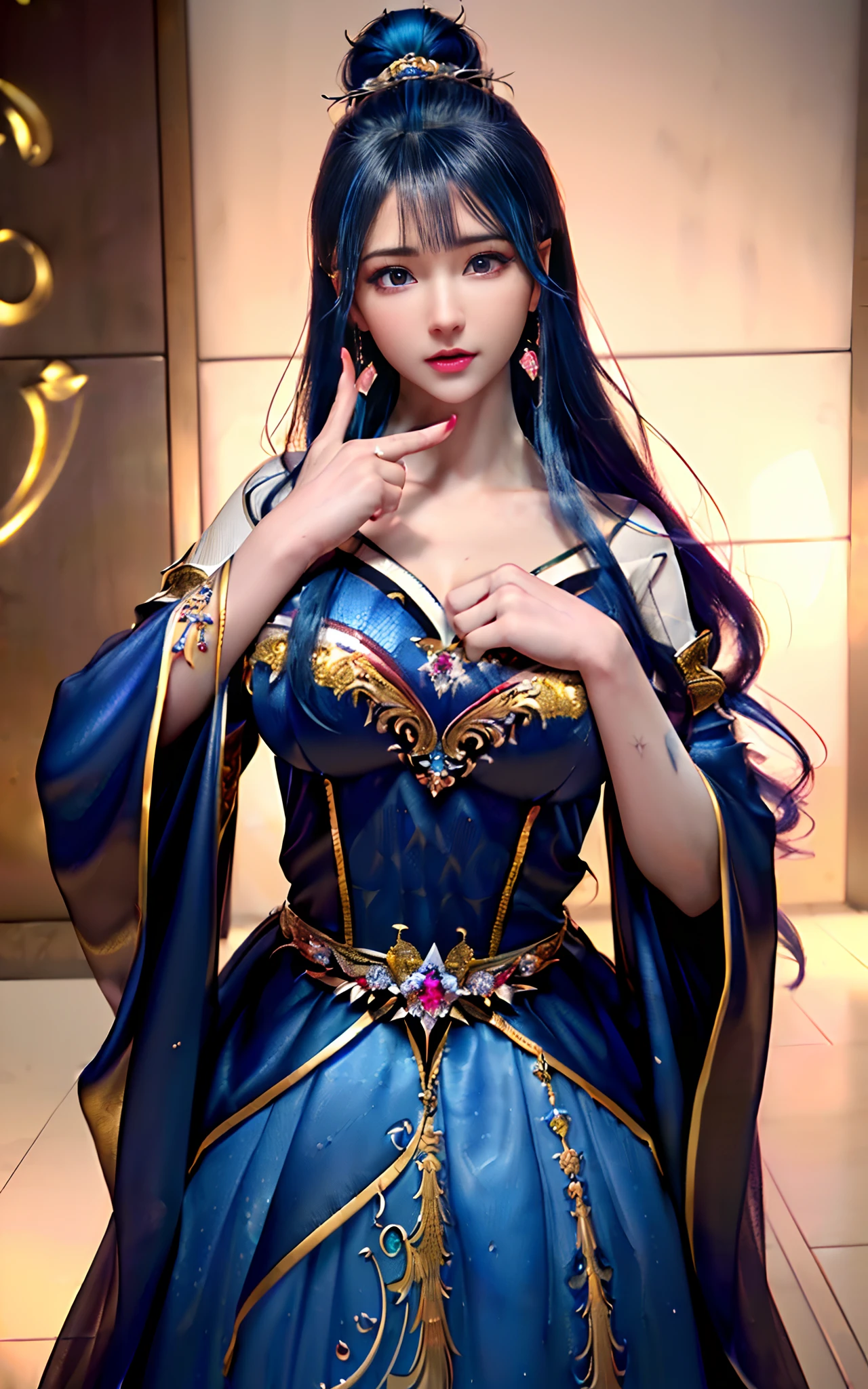 ((realisticity: 1.2)), ((realistic: 8K UHD)), ((best resolution: 8K UHD)), hyper detailed, best quality,masterpiece,highres,cg, ((1 girl hyper detailed and hyper realistic) ) , ((beautiful queen, hyper realistic and hyper detailed)),((white skin, beautiful, smooth, youthful, hyper realistic and hyper detailed )), ((Face hyper beautiful, white, hyper realistic and hyper detailed ) ), long hair, ((hyper realistic and hyper detailed dress)), solo, ((hyper realistic, hyper beautiful, beautiful and hyper detailed jewelry)), ((hyper beautiful deep red and golden yellow dress, hyper realistic and hyper detailed )) , ((Her pretty, hyper realistic, hyper detailed diamond filled earrings)), ((Her gorgeous diamond haircut, hyper realistic and hyper detailed)), ((hyper pretty upper body, hyper beautiful, hyper realistic and hyper detailed) ), ((medium breast: 1.1)), ((hyper realistic, hyper pretty, hyper detailed boobs)), ((the backgroun of the royal palace is hyper majestic, hyper realistic and hyper detailed)),((hands and palms hyper beautiful, hyper detailed, hyper realistic)), ((hyper detailed and hyper realistic fingers and fingernails)), ((hyper pretty fingernails, hyper vivid, hyper detailed, hyper realistic)), ((thumb, index finger, middle finger, ring finger, little finger hyper vivid, hyper pretty, hyper detailed, hyper realistic)),
((hyper beautiful fingers, hyper detailed, and hyper realistic)), ((posture not too fat and not too thin, hyper realistic, hyper detail)), ((hyper pretty, hyper pretty, hyper realistic and hyper detailed hair bun)), ((hyper pretty , hyper realistic and hyper detailed blue hair)), candid, Photo, high resolution, 8k , bokeh,