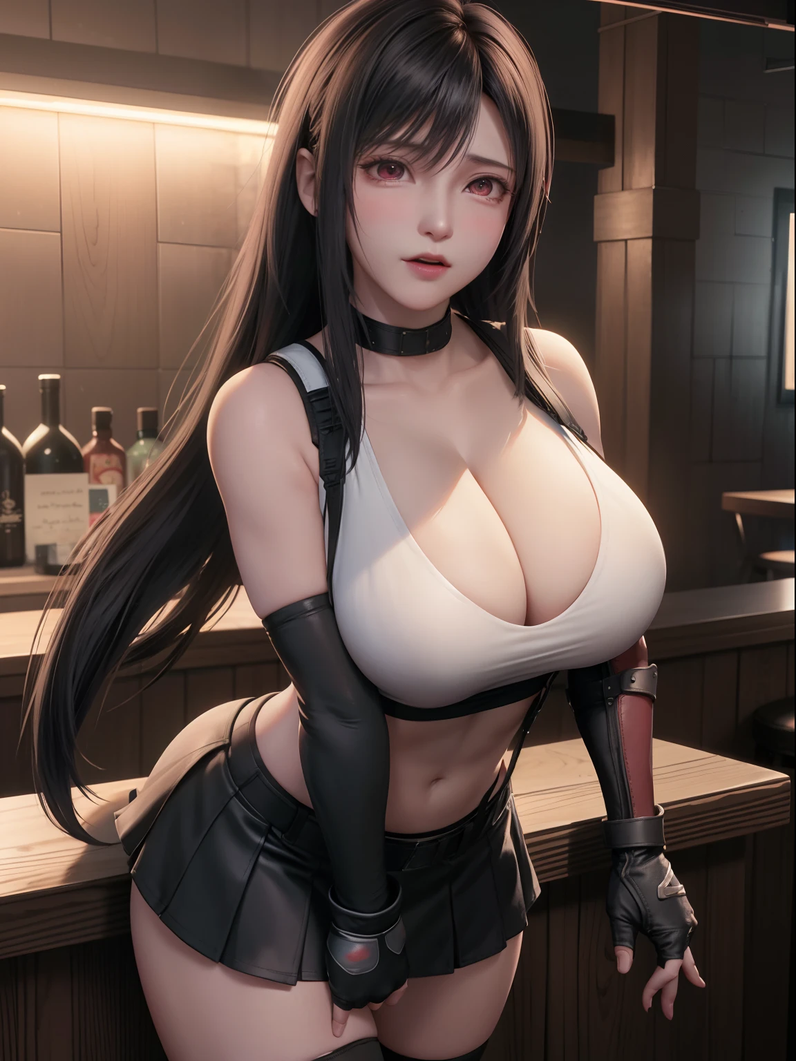 Final Fantasy VII, (nose blush), single elbow pad, ankle boots, black hair, black skirt, black thighhighs, red boots, elbow gloves, elbow pads, fingerless gloves, taut shirt, sports bra, (suspender black skirt), thighhighs, white tank top, top body is hyperrealistic thicc muscle and hyper largest_breasts!! with the type of boobs_melons, black hair, full body, look at viewer, posing standing in bar, sensual mouth, makeup, bokeh, best quality, masterpiece, highres, UHD, 1080P