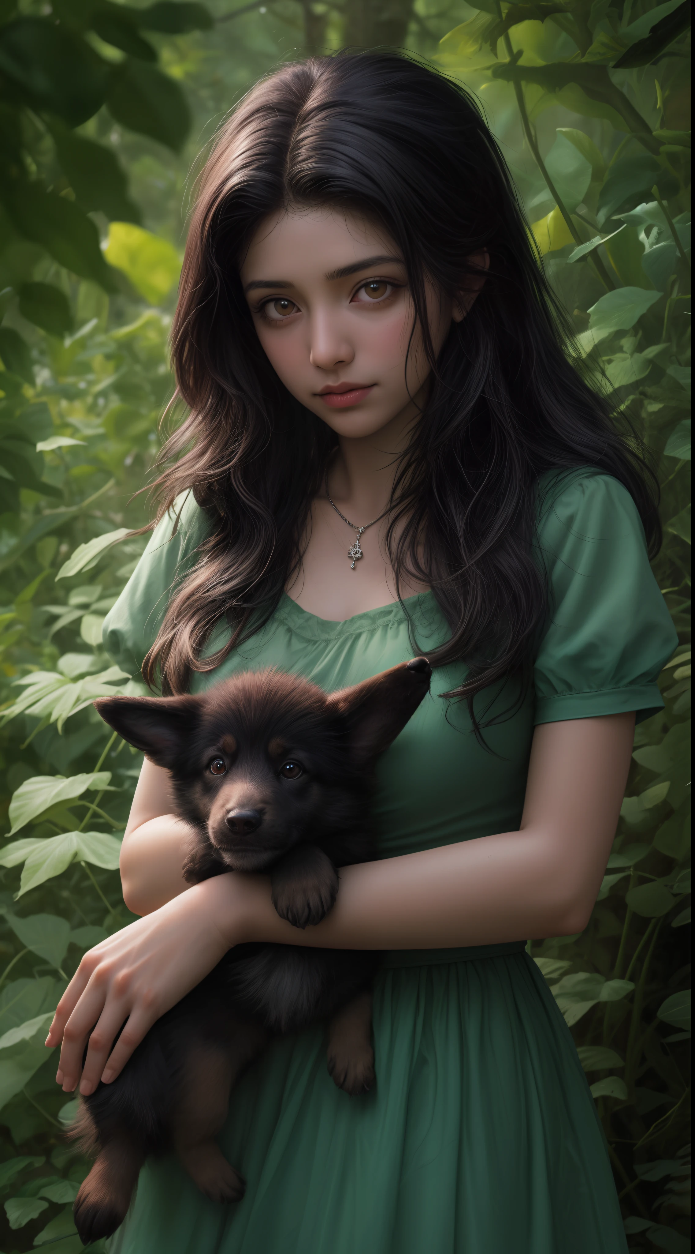 1 garota morena ,de cabelo ruivo , 5-fingered hands, Hugging a German Shepherd puppy, Camera angle up close,em uma selva com cores vivas ,8K Ultra realista
