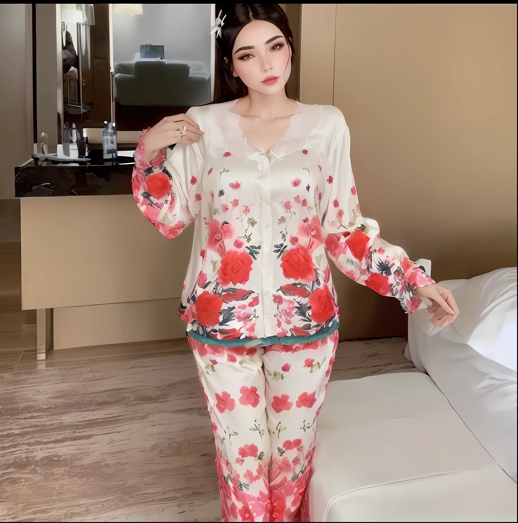 araffe woman in pajamas posing in a hotel room, sleepwear, p. j. n, 19xx, gorgeous lady, wearing pajamas, silk, high quality material bssrdf, femme, 360*, satin, 2 0 2 0 fashion, 🔥 😎 🕹️ 👀 :2, lovely woman, 3 - piece, lovely