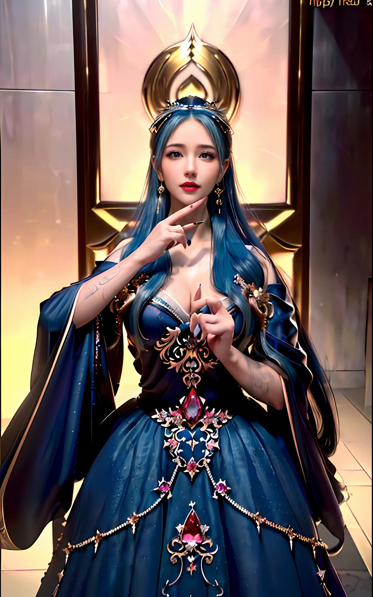 ((realisticity: 1.2)), ((realistic: 8K UHD)), ((best resolution: 8K UHD)), hyper detailed, best quality,masterpiece,highres,cg, ((1 girl hyper detailed and hyper realistic) ) , ((beautiful queen, hyper realistic and hyper detailed)),((white skin, beautiful, smooth, youthful, hyper realistic and hyper detailed )), ((Face hyper beautiful, white, hyper realistic and hyper detailed ) ), long hair, ((hyper realistic and hyper detailed dress)), solo, ((hyper realistic, hyper beautiful, beautiful and hyper detailed jewelry)), ((hyper beautiful deep red and golden yellow dress, hyper realistic and hyper detailed )) , ((Her pretty, hyper realistic, hyper detailed diamond filled earrings)), ((Her gorgeous diamond haircut, hyper realistic and hyper detailed)), ((hyper pretty upper body, hyper beautiful, hyper realistic and hyper detailed) ), ((medium breast: 1.1)), ((hyper realistic, hyper pretty, hyper detailed boobs)), ((the backgroun of the royal palace is hyper majestic, hyper realistic and hyper detailed)),((hands and palms hyper beautiful, hyper detailed, hyper realistic)), ((hyper detailed and hyper realistic fingers and fingernails)), ((hyper pretty fingernails, hyper vivid, hyper detailed, hyper realistic)), ((thumb, index finger, middle finger, ring finger, little finger hyper vivid, hyper pretty, hyper detailed, hyper realistic)),  
((hyper beautiful fingers, hyper detailed, and hyper realistic)), ((posture not too fat and not too thin, hyper realistic, hyper detail)), ((hyper pretty, hyper pretty, hyper realistic and hyper detailed hair bun)), ((hyper pretty , hyper realistic and hyper detailed blue hair)), candid, Photo, high resolution, 8k , bokeh,