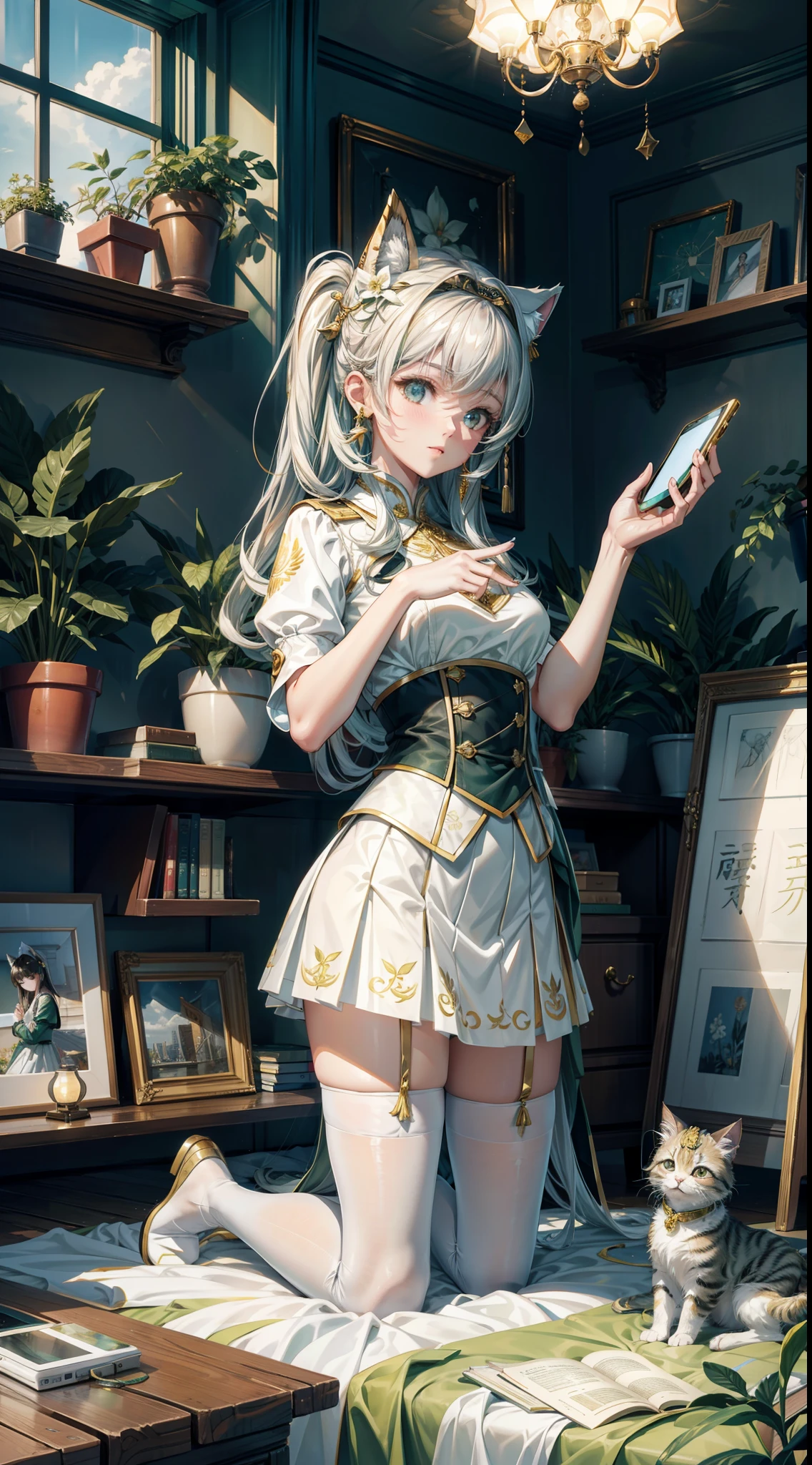 (8K,best qualtiy,tmasterpiece:1.2),(realisticlying,realisticlying:1.2),ultra - detailed,best qualtiy,超高分辨率,profesional lighting,photon maping,physically-based renderingt,maidennurse,Wallpapers,Ray traching,(janelas:1.8),rays of sunshine:2.0,(There is a gold pattern on the skirt),(white stockings:1.2)((Kneeling pose))There are potted plants under the window,(White stockings have texture 1 on them.5),,beast ear,white skirt,There is a kitten,long hair flowing,There was a lamp by the bed,Big windows,(White cell phone in hand)Green with gold patterned clothes