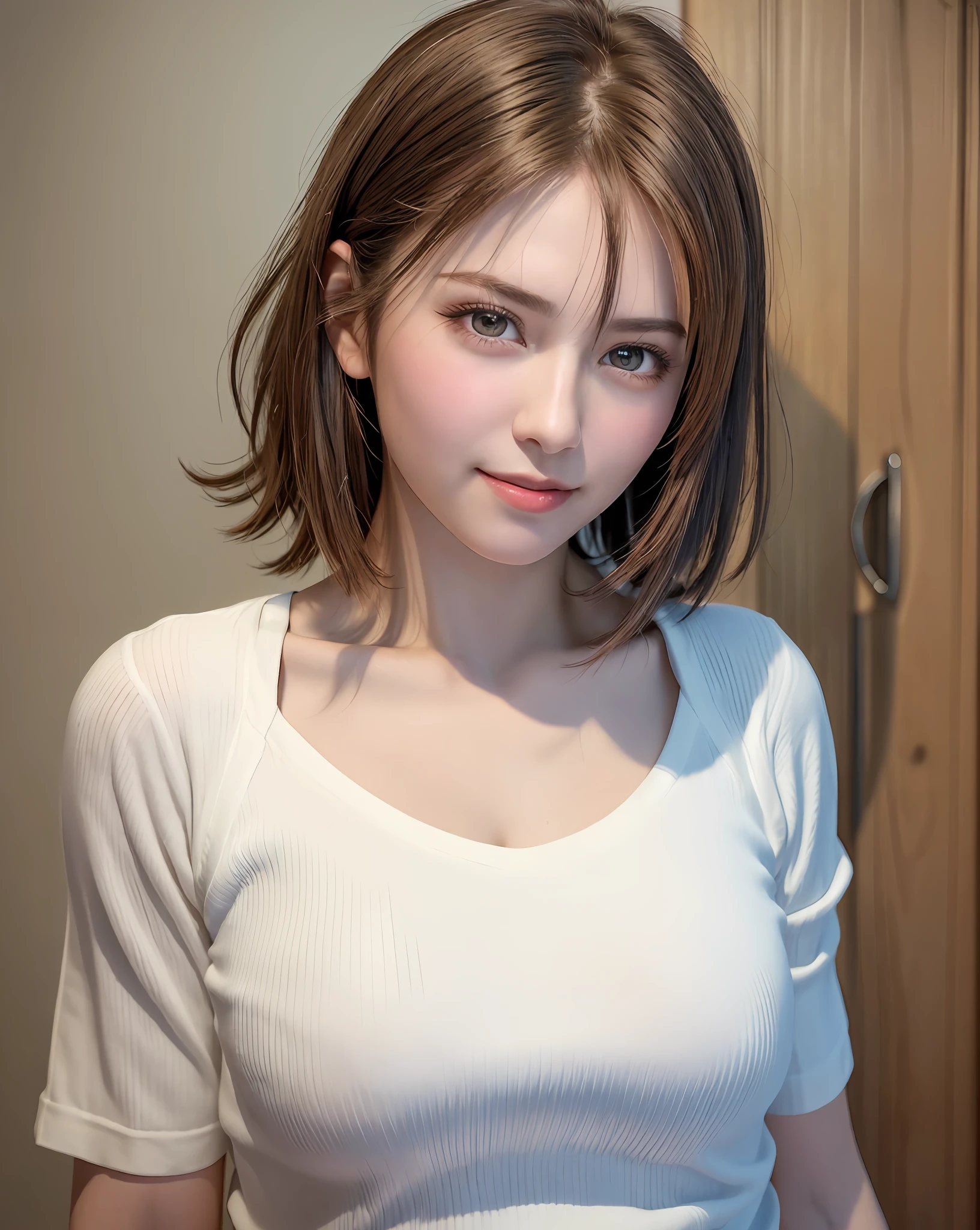 Best Quality, Ultra High Resolution, (Photorealistic: 1.4), Beautiful Eyes, Super Beautiful, Very Short Hair, Beautiful, Sweetheart, T-shirt with Rough Chest, Beautiful Soldier, Eyes That Invite Viewer, Lover's Perspective, Inviting Expression, Sexy Smile, Perfect Style, Perfect Balance, Detailed Skin, Naughty Gaze, Chest Visible
