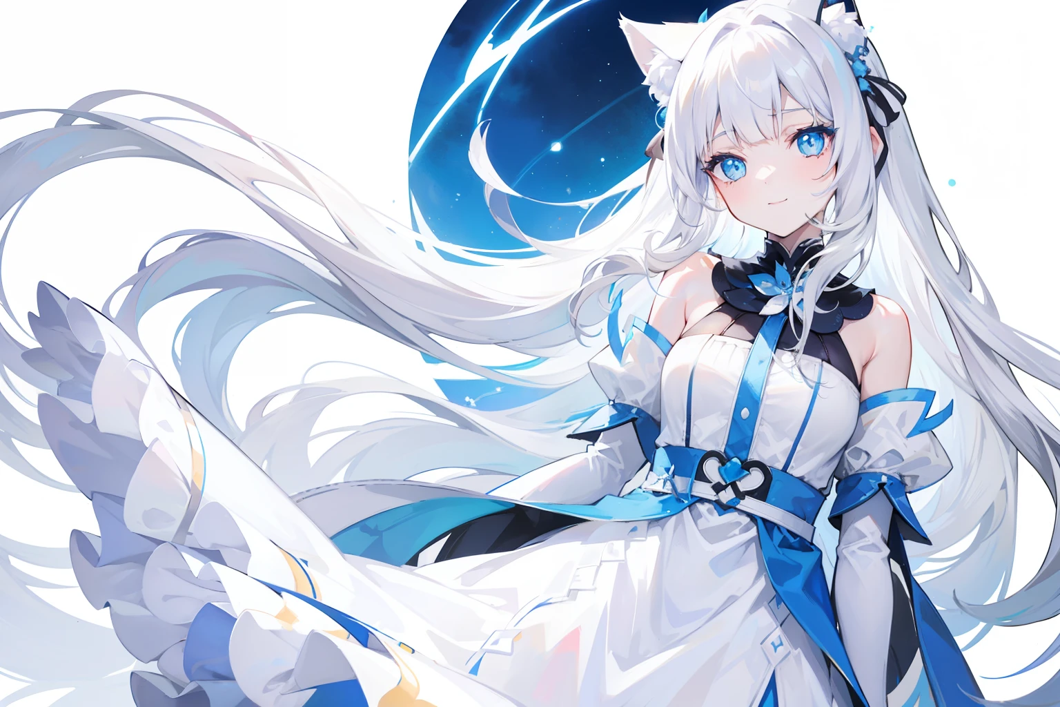 teens girl，Long white hair that reaches the waist，White cat ears，Blue pupil，ssmile，Sideslit ，white dresses，Blue flowers dotted，Plain white background，