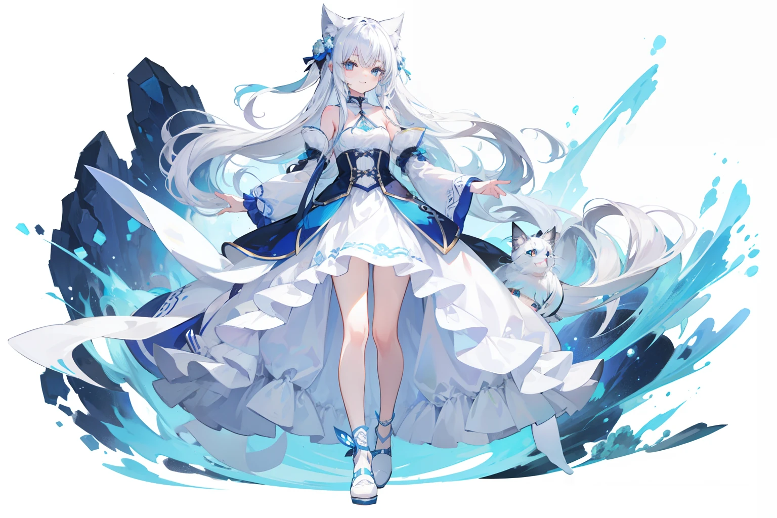 teens girl, Long white hair that reaches the waist, blue colored eyes, Cats, [white dresses:1.2]，Naked foot，ssmile，Sideslit，[Blue flowers dotted:1.1]，Plain white background，standing on your feet