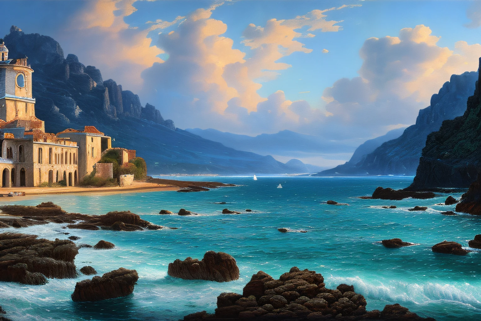 Paysage mer cristalline bleu profond, , Eau cristalline, ciel azur lumineux, ,(Highly detailed CG Unit 8k wallpaper), The most beautiful work of art in the world, Professional majestic oil painting, complexe, High detail, mise au point nette, dramatique, Art of photorealist painting, Alma Tadema