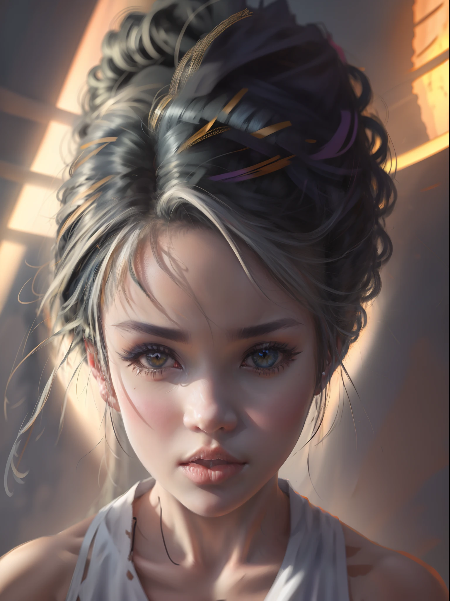 8K，Young girls，colored inner hair，asymmetrical hair，hair strand，hair slicked back，ahoge，over-rim eyewear，hairpin，full-face blush，saliva trail，naughty face，naughty，bright pupils，amber eyes，slit pupils，eye reflection，god rays，drop shadow，ray tracing，chiaroscuro，reflection light，anime