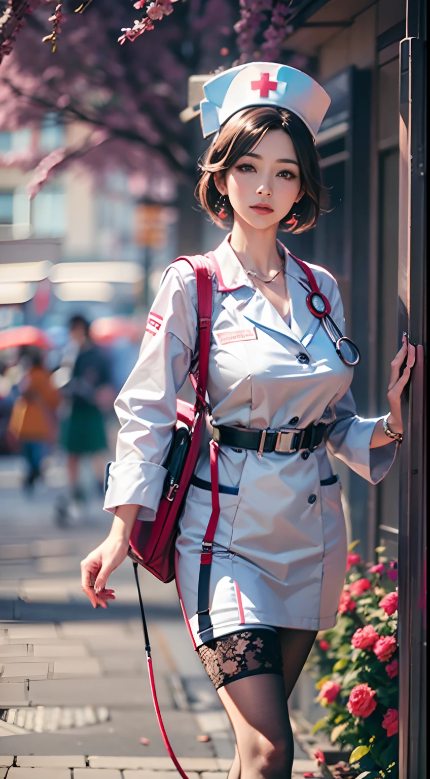 A Japanese woman walking in the city,Buildings,A plant,ssmile,Mixed Korean,The background is blurred out,focal,电影灯光,(((tmasterpiece))), ((best qualtiy)), ((Complex and detailed)), ((ultra-realistic realism)), Ridiculous resolution, A MILF, Mature woman, ssee-through, highly detailed, illustratio, 1girll, (huge tit), Thin waist and thick hips,long leges,beatiful detailed eyes, short detailed hair, brunette color hair, a purple eye, (Nurse set:1.2),nurse hat,Nurse's uniform,a skirt,Nurse coat,Lace,gossamer,stethoscope,the doctor,syringes,eye glass,(underdressing), pantiess, high-heels,detailed back ground, perfect eyes, Seductive eye, looking at viewert, From the front,Wear light,