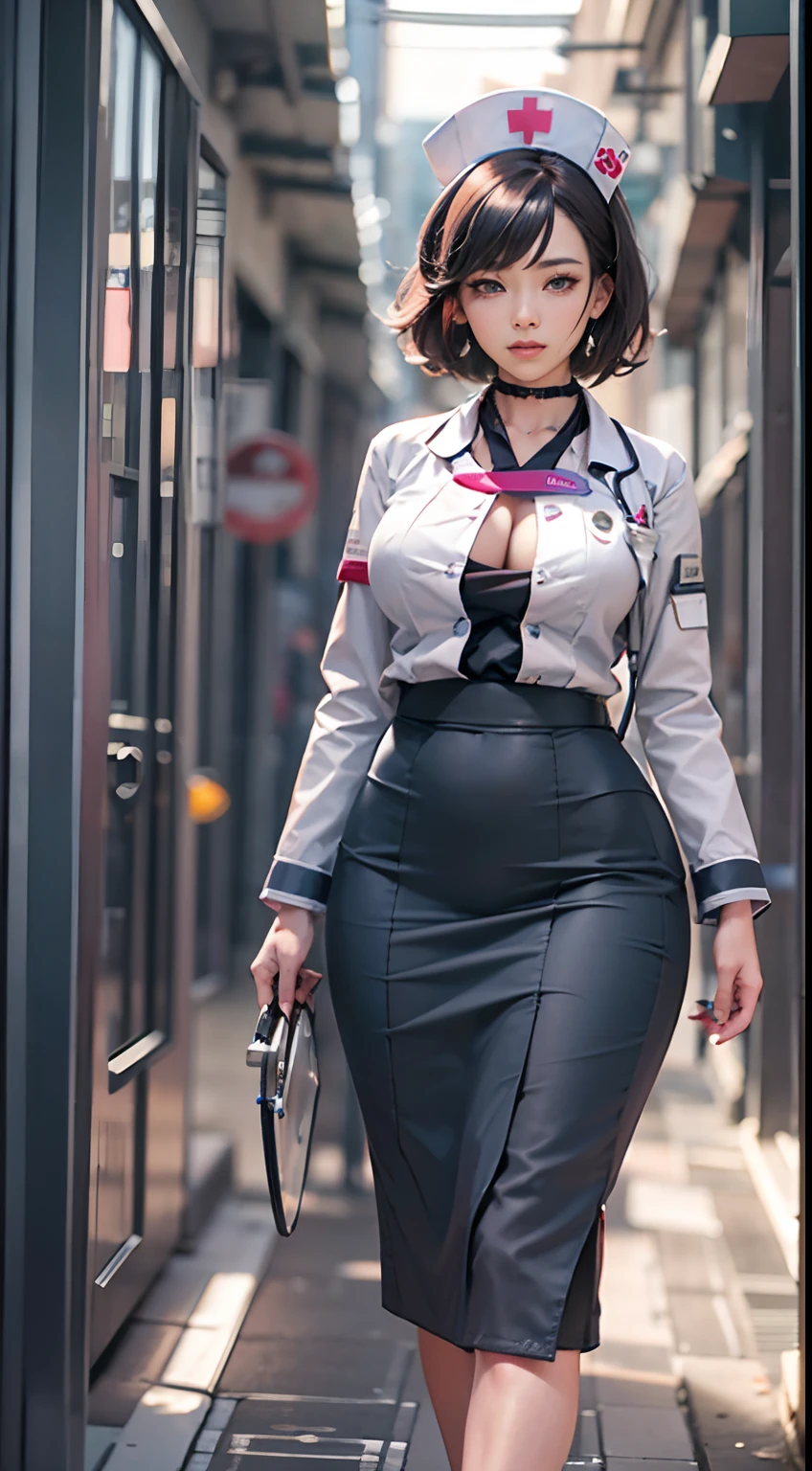 A Japanese woman walking in the city,Buildings,A plant,ssmile,Mixed Korean,The background is blurred out,focal,电影灯光,(((tmasterpiece))), ((best qualtiy)), ((Complex and detailed)), ((ultra-realistic realism)), Ridiculous resolution, A MILF, Mature woman, ssee-through, highly detailed, illustratio, 1girll, (huge tit), Thin waist and thick hips,long leges,beatiful detailed eyes, short detailed hair, brunette color hair, a purple eye, (Nurse set:1.2),nurse hat,Nurse's uniform,a skirt,Nurse coat,Lace,gossamer,stethoscope,the doctor,syringes,eye glass,(underdressing), pantiess, high-heels,detailed back ground, perfect eyes, Seductive eye, looking at viewert, From the front,Wear light,