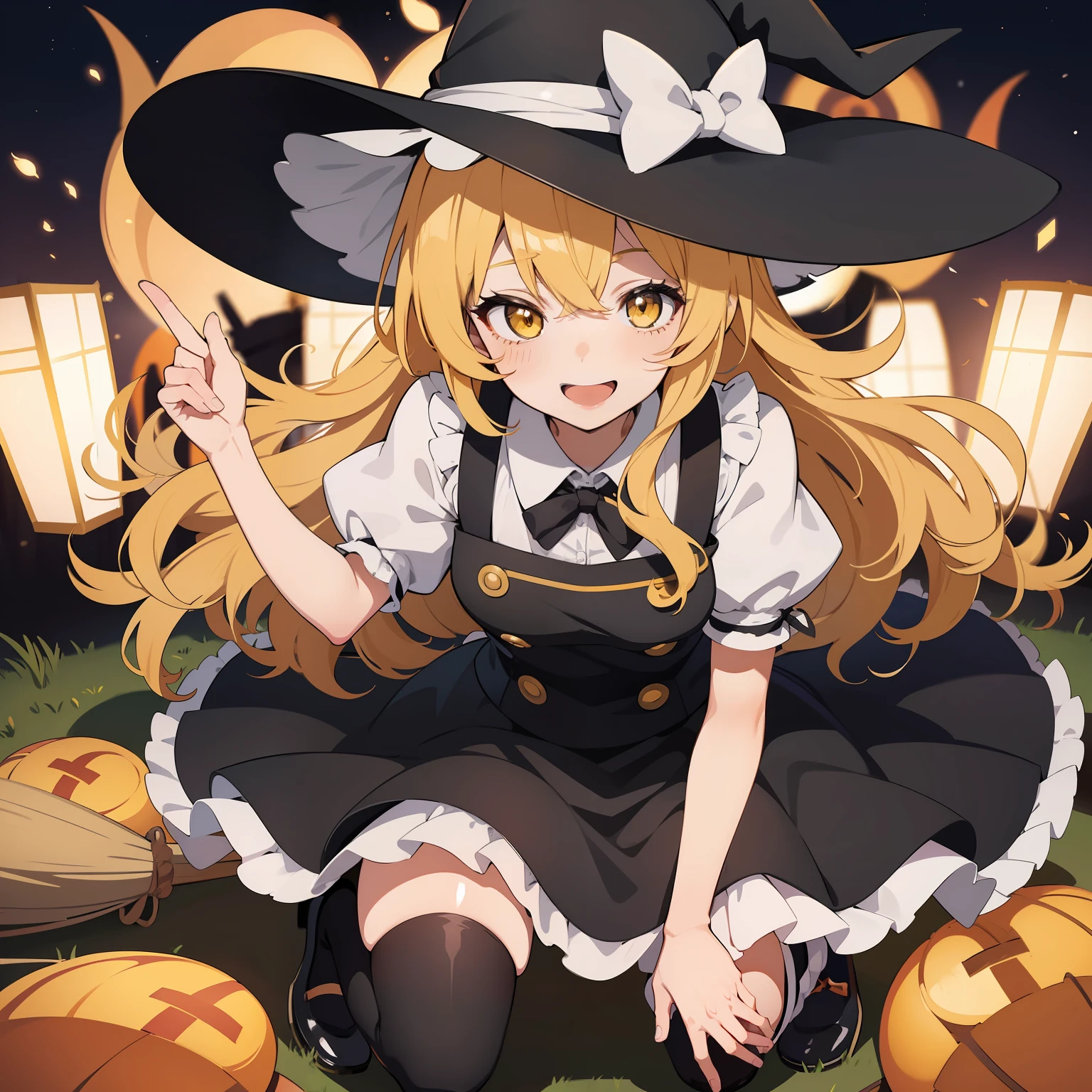 witch girl anime girl anime illustration anime halloween anime anime girl, 1girl, kirisame marisa, hat, solo, blonde hair, style parody, witch hat, yellow eyes, broom, long hair, alphes (style), apron, parody, bow, white bow, hat bow, full body, smile, shoes