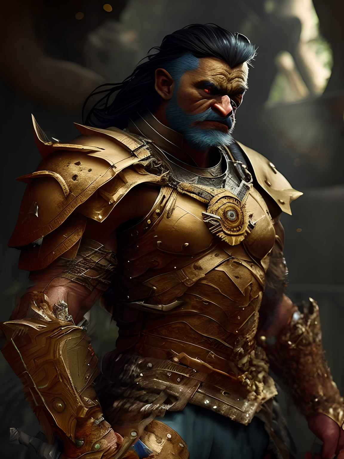 Orc warrior wearing metallic armor with gold accents, holding a giant two-handed axe resting his feet on dead humans