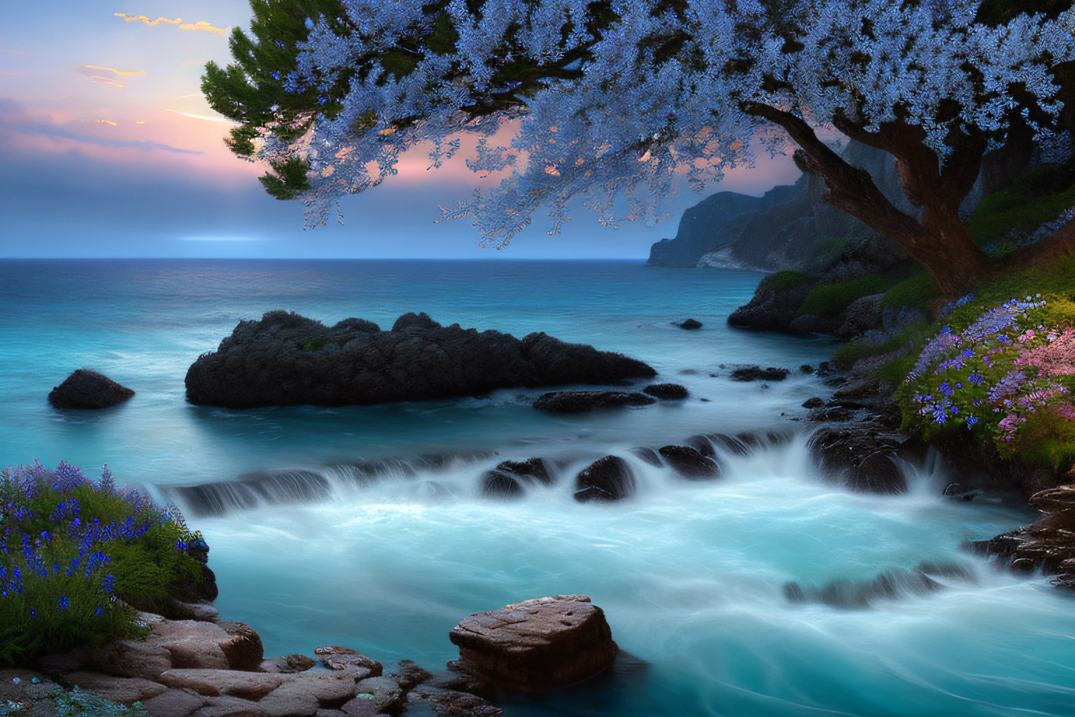 Paysage mer cristalline bleu profond, , Eau cristalline, ciel azur lumineux, ,(Highly detailed CG Unit 8k wallpaper), The most beautiful work of art in the world, Professional majestic oil painting, complexe, High detail, mise au point nette, dramatique, Art of photorealist painting, Alma Tadema
