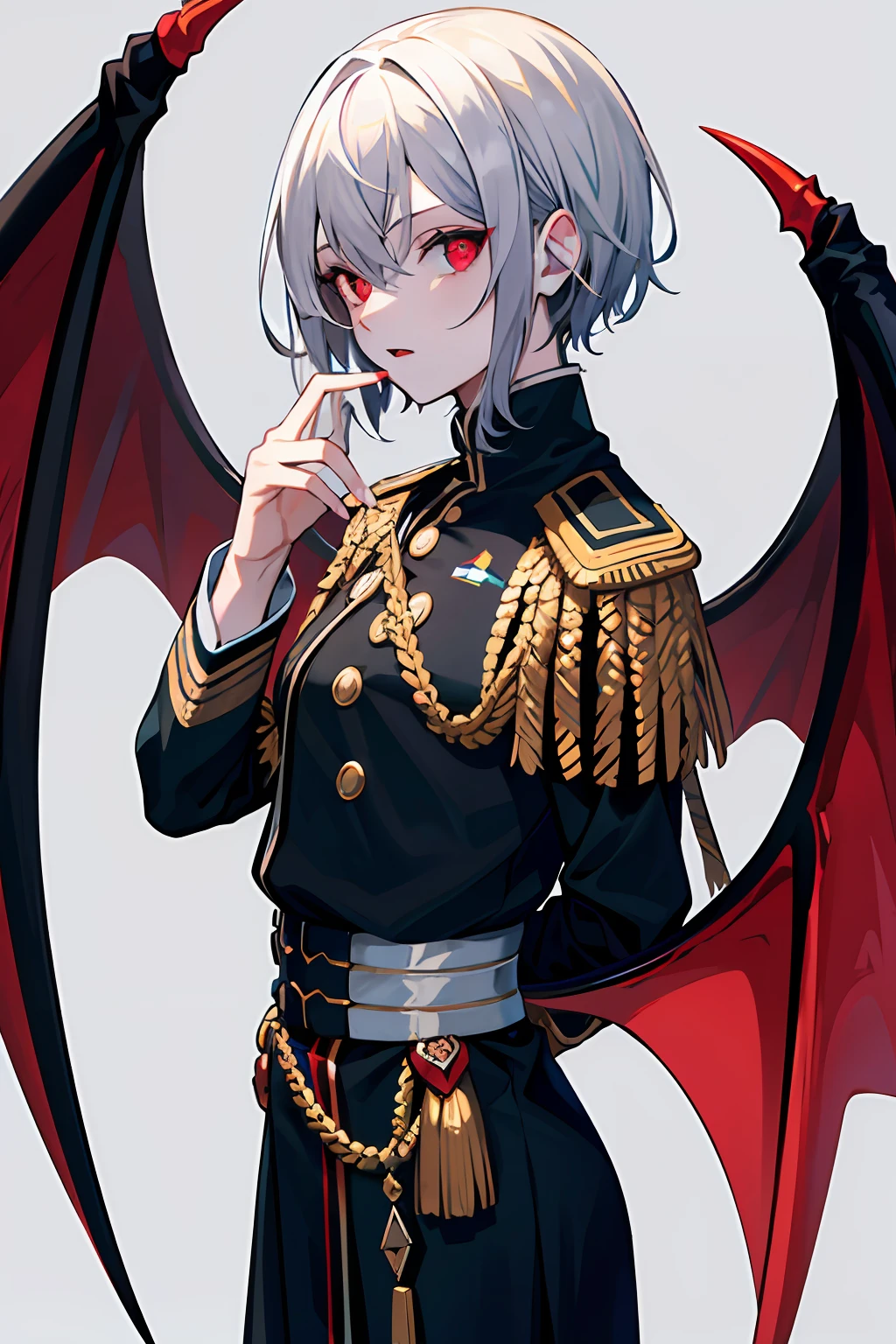 Black long straight,Red eyes,Vampires,Wings grow on the back,The color of the German uniform is German gray,Red and black color scheme on background,Facing the lens