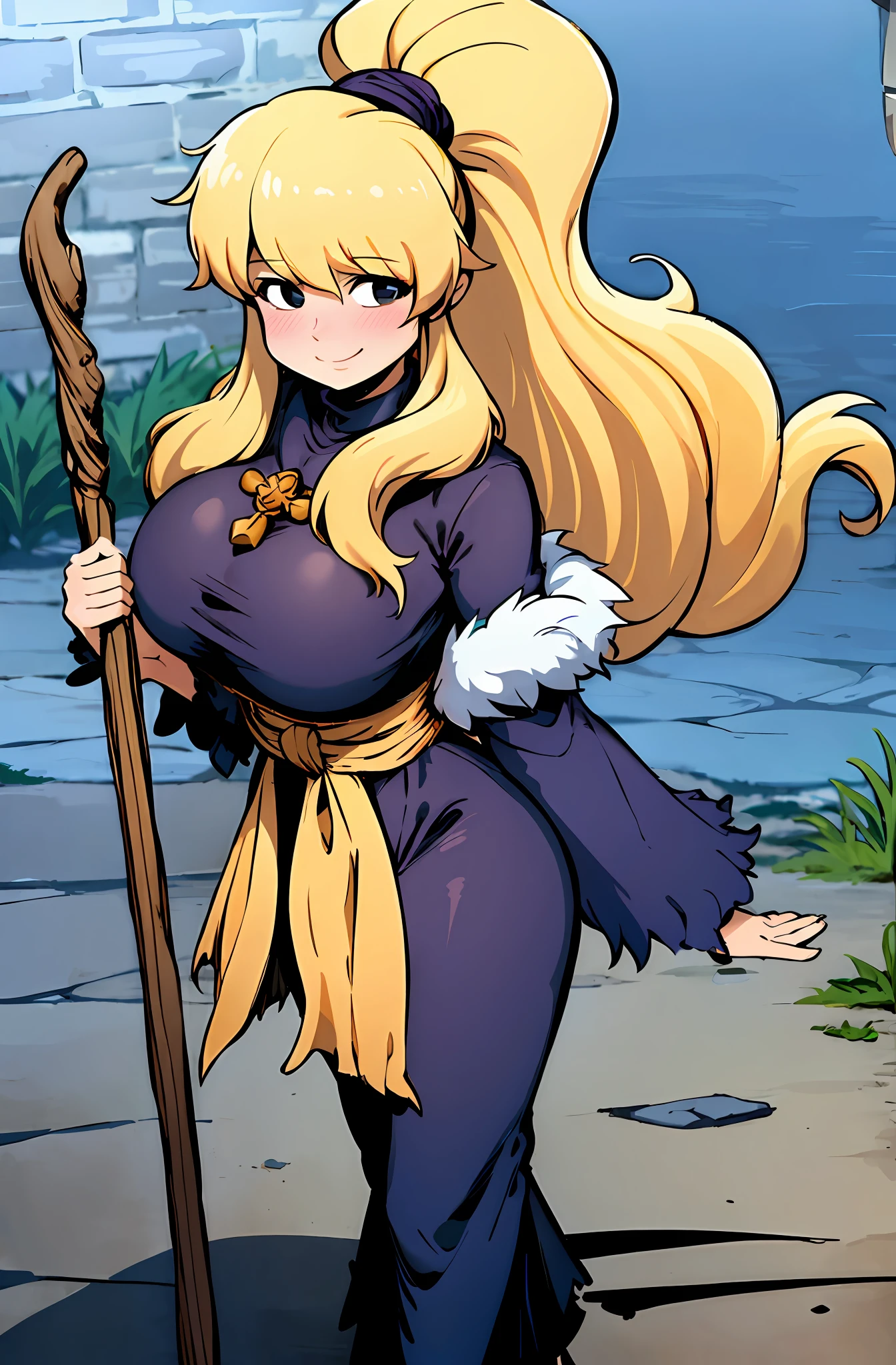 (black eyes), blonde hair, solo, high ponytail,fantasy, wizargirl,spellcasthing, stylised robe, huge breast, curvy, mature, walking, holy staff holding, smile, blush, blushy, fur coat, pants, pullover, medieva village europe, medieval architecture, naval covred, hivernal village,julie winter