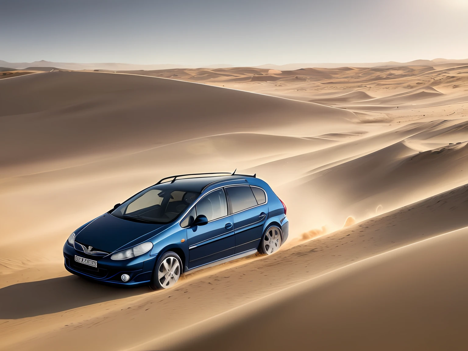 RAW photo, photorealism of dark blue Peugeot 307SW stationwagon 2003 struggling in the high sand dunes in the middle of dunes hill, dramatic blue sky, intense driving, dynamic pose, octane render  unreal engine, 16K, uhd, dslr, 105mm lens, hasselblad, highly intricate detailed, cinematic angle,