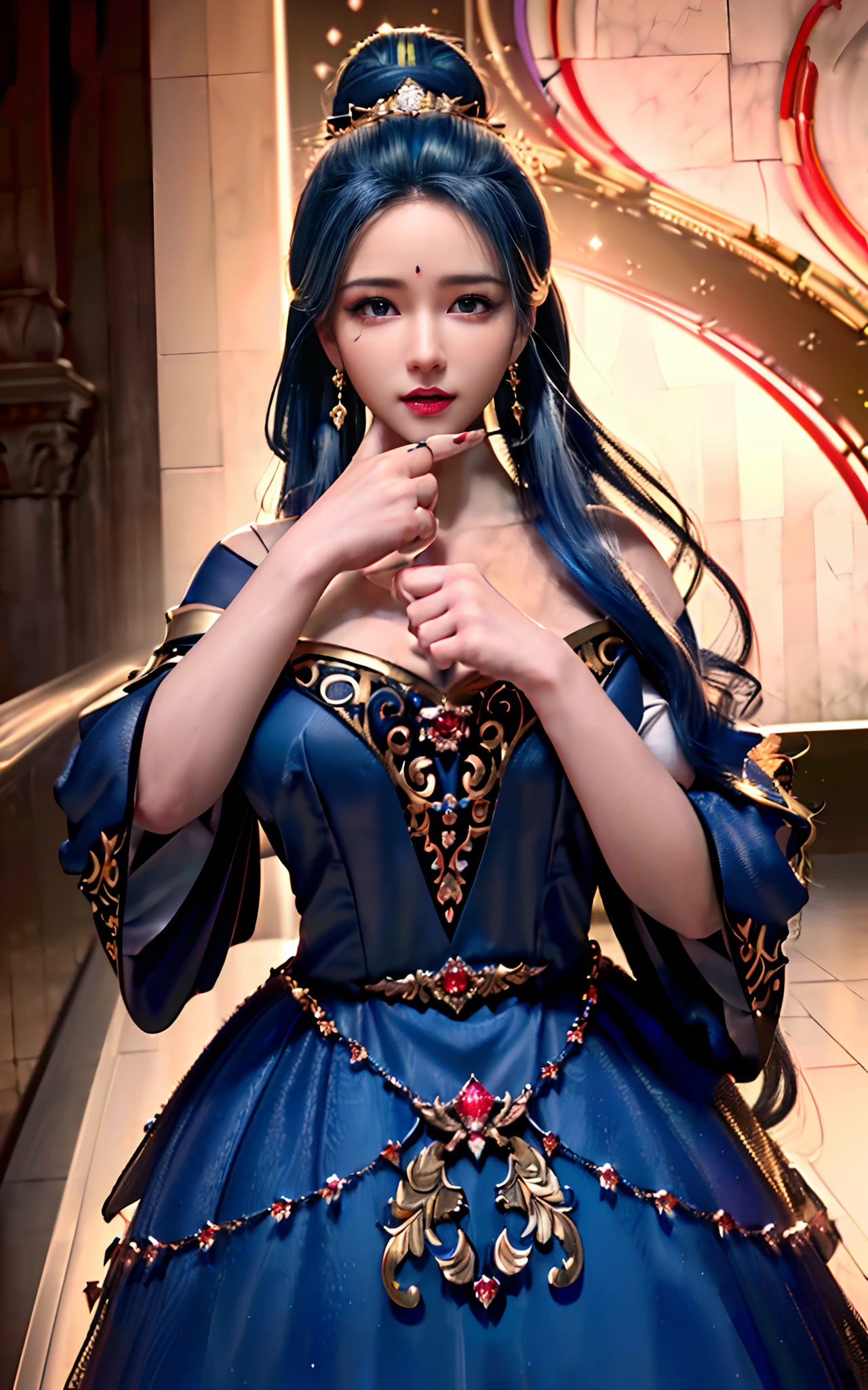 ((realisticity: 1.2)), ((realistic: 8K UHD)), ((best resolution: 8K UHD)), hyper detailed, best quality,masterpiece,highres,cg, ((1 girl hyper detailed and hyper realistic) ) , ((beautiful queen, hyper realistic and hyper detailed)),((white skin, beautiful, smooth, youthful, hyper realistic and hyper detailed )), ((Face hyper beautiful, white, hyper realistic and hyper detailed ) ), long hair, ((hyper realistic and hyper detailed dress)), solo, ((hyper realistic, hyper beautiful, beautiful and hyper detailed jewelry)), ((hyper beautiful deep red and golden yellow dress, hyper realistic and hyper detailed )) , ((Her pretty, hyper realistic, hyper detailed diamond filled earrings)), ((Her gorgeous diamond haircut, hyper realistic and hyper detailed)), ((hyper pretty upper body, hyper beautiful, hyper realistic and hyper detailed) ), ((medium breast: 1.1)), ((hyper realistic, hyper pretty, hyper detailed boobs)), ((the backgroun of the royal palace is hyper majestic, hyper realistic and hyper detailed)),((hands and palms hyper beautiful, hyper detailed, hyper realistic)), ((hyper detailed and hyper realistic fingers and fingernails)), ((hyper pretty fingernails, hyper vivid, hyper detailed, hyper realistic)), ((thumb, index finger, middle finger, ring finger, little finger hyper vivid, hyper pretty, hyper detailed, hyper realistic)),  
((hyper beautiful fingers, hyper detailed, and hyper realistic)), ((posture not too fat and not too thin, hyper realistic, hyper detail)), ((hyper pretty, hyper pretty, hyper realistic and hyper detailed hair bun)), ((hyper pretty , hyper realistic and hyper detailed blue hair)), candid, Photo, high resolution, 8k , bokeh,