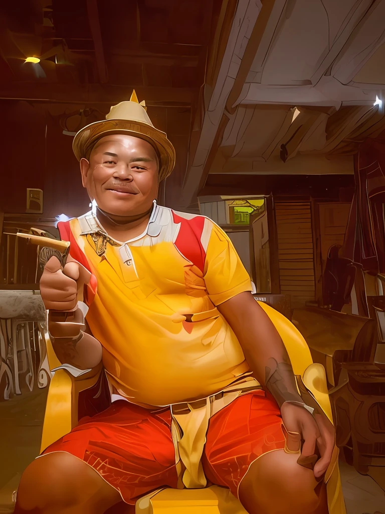 there is a man sitting on a chair giving a thumbs up, inspired by I Ketut Soki, with cigar, he is about 12 years old, he is about 18 years old, ramil sunga, he is about 25 years old, he is about 30 years old, potrait, thawan duchanee, hideo minaba