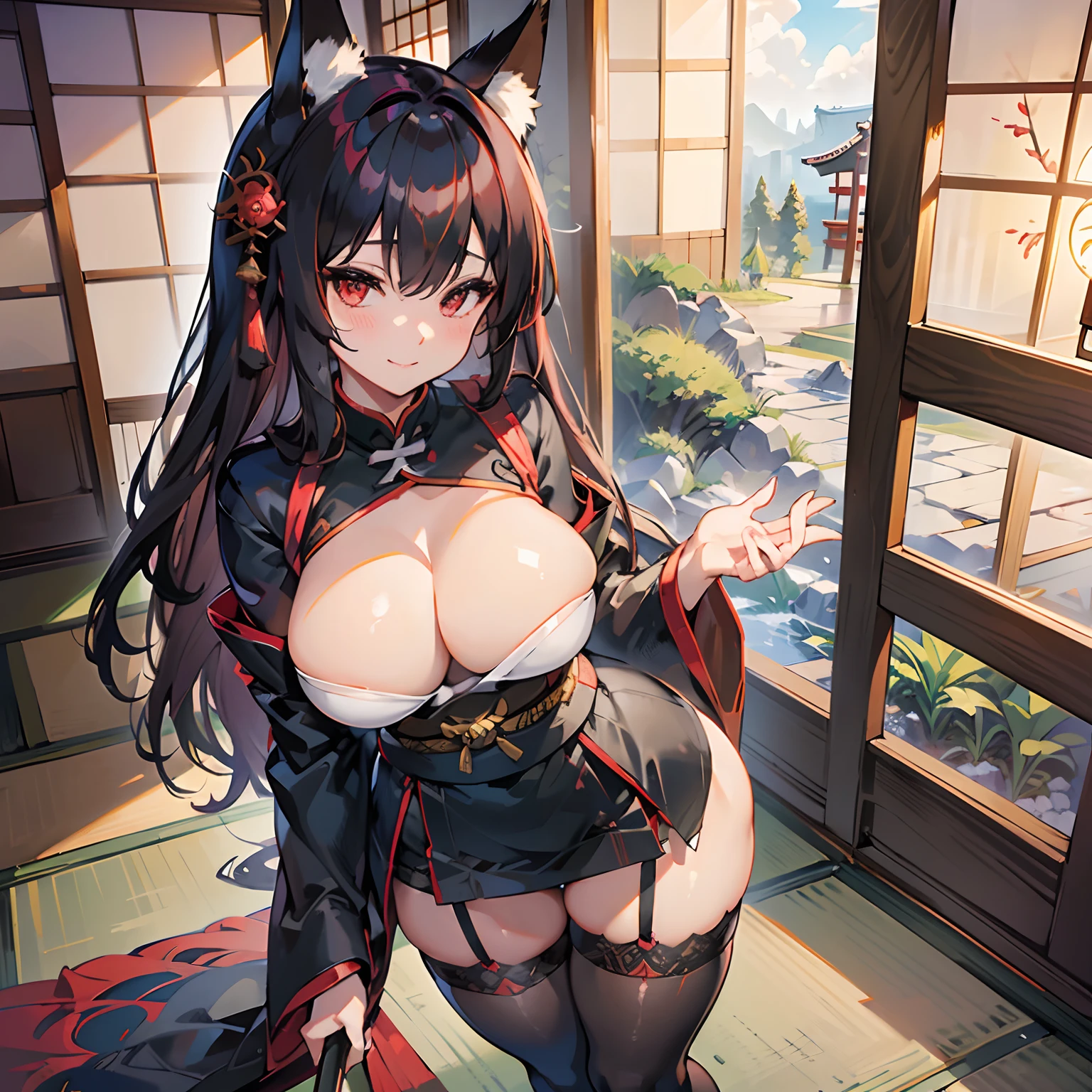 Masterpiece, full picture, ultra high quality, ultra detailed, 1girl, solo, adult woman, japanese deity, shiny long black and red hair, red eyes, fox ears, very large breasts, cleavage, V-shaped cleavage, gorgeous hair-ornament, thick thighs, wide hips, curvy body, shiny oily tights, super detailed black tights with skindentation and garter belt, stockings, black and red revealing traditional dress, standing up, beautiful lady pose, holding traditional japanese brush in one hand, entrance to room of ruined traditional japanese building, smirk, looking at viewer