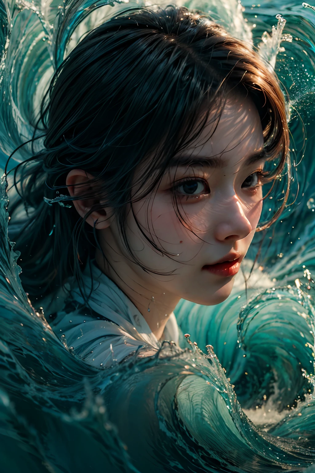 Best quality,masterpiece,ultra high res,1girl,beautiful_face,detailed skin, yushui,water,waves,