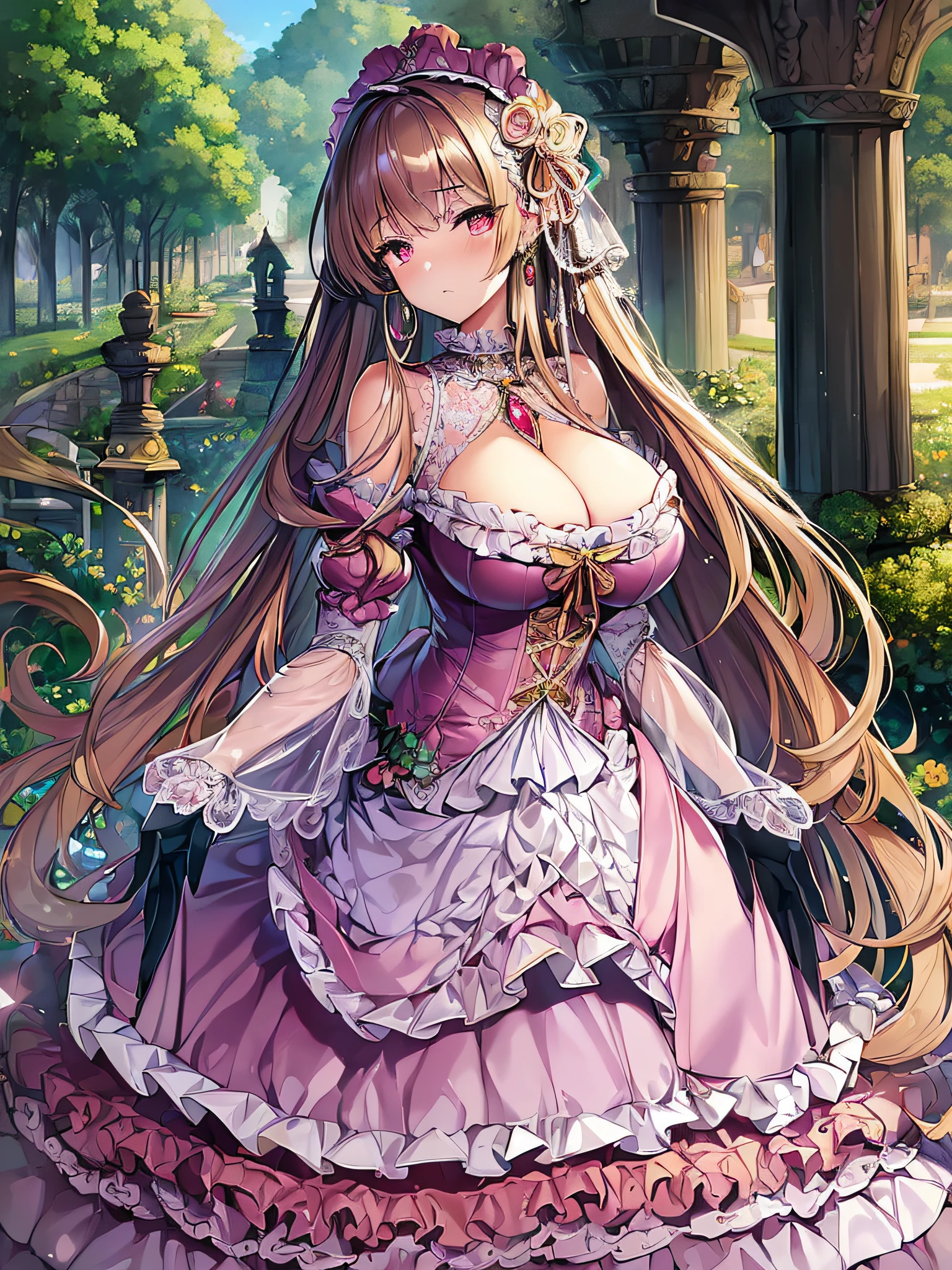 ((anime artstyle)),(Masterpiece),(Best Quality), (Super Detail),((Very Delicate and Beautiful)),(((Solo))),((full body)),(((1 princess in fancy lolita dress with voluminous full length hoop skirt))),((standing in garden)),Long train,(bling-bling gorgeous gemstone jewelry),detailed face and eyes,jewel-like eyes,cry,((large amount of straight hair,extremely voluminous Very Long Straight Hair)),((gigantic tits,Long tits)),cleavage,(gorgeousfull embroidery and lace),gorgeous corsage,See-through,((extremely gorgeousfull lolita hair ornament)),bling-bling extremely gorgeousfull jeweled tiara,ornate ruffles,beautiful embroidery,(hoop skirt,crinoline),flowers, flower petals flowing,((Dynamic Angle)),Looking at viewer,((full body)),sweet lolita dress with voluminous full length hoop skirt