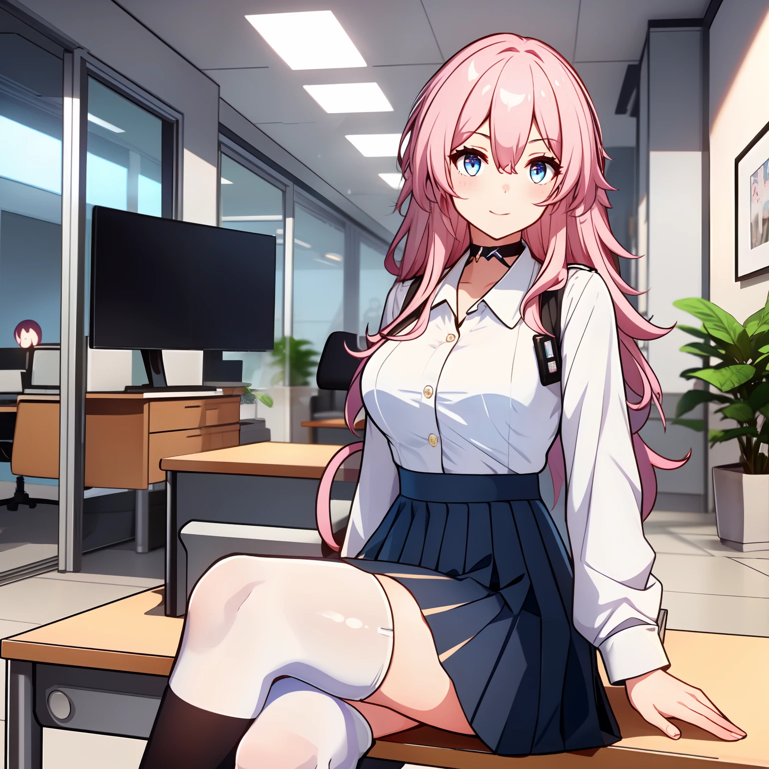 7thmarch, 7th_march, honkai star rail, 1girl, solo, ((white shirt)), black thighhighs, breasts, cleavage, uniform, office background, black skirt, pleated skirt, office, hair between eyes, blue earring, large breasts, long hair, looking at viewer, pink short nails, blue eyes, solo, thighhighs, thighs, ((masterpiece)), sitting, chair, desk, computer on desk, name tag, id tag, indoor, blush, sexy pose, hands behind,
