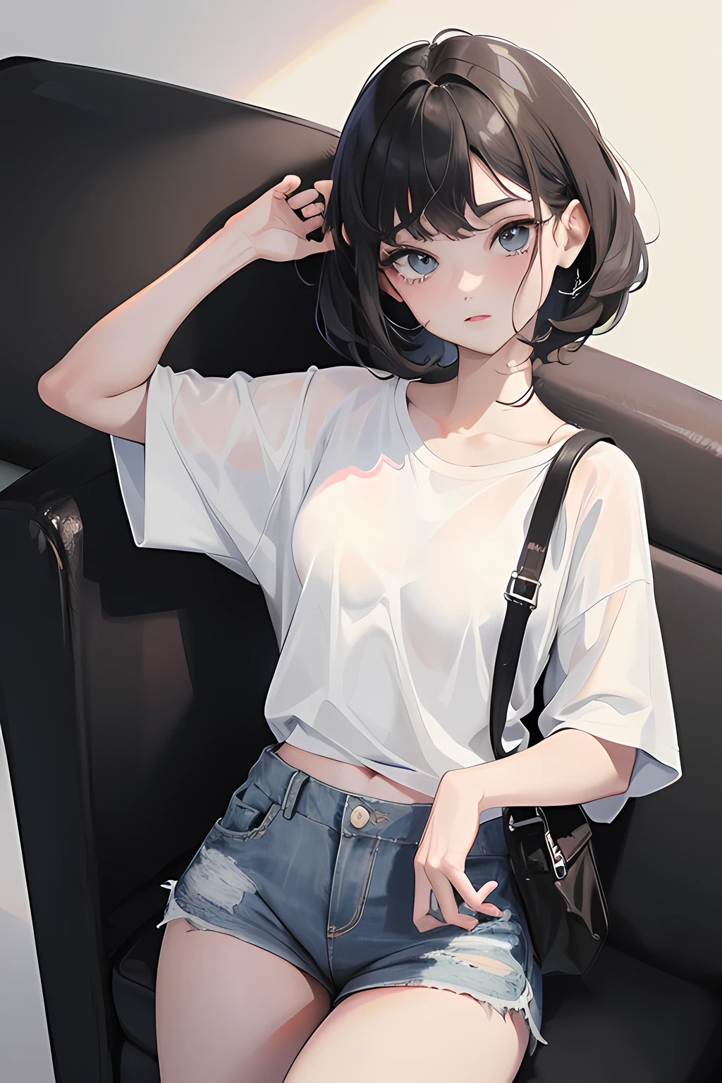 1girl, short black hair, blue eyes, wearing plain white shirt, denim shorts, city, absurdres, high res, ultrasharp, 8K, masterpiece, looking at viewer