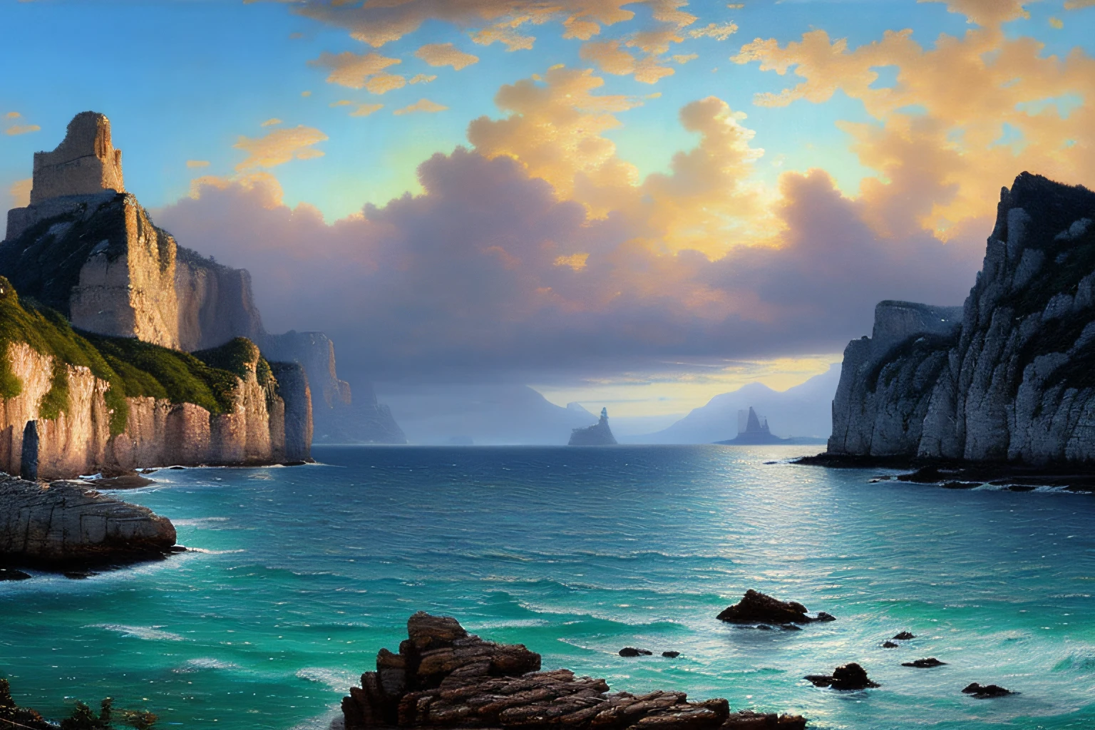 Paysage mer cristalline bleu profond, , Eau cristalline, ciel azur lumineux, ,(Highly detailed CG Unit 8k wallpaper), The most beautiful work of art in the world, Professional majestic oil painting, complexe, High detail, mise au point nette, dramatique, Art of photorealist painting, Alma Tadema