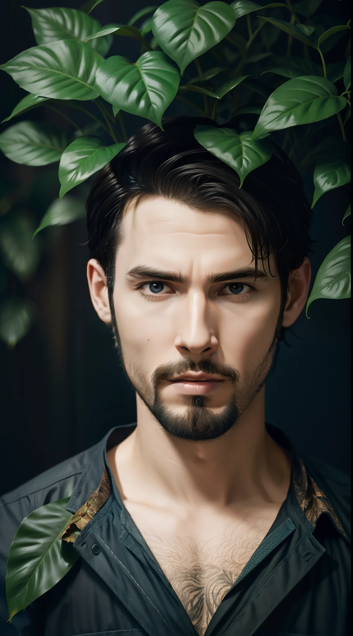 A addiction man at dark home decoration with a brain full of leaves and plants
