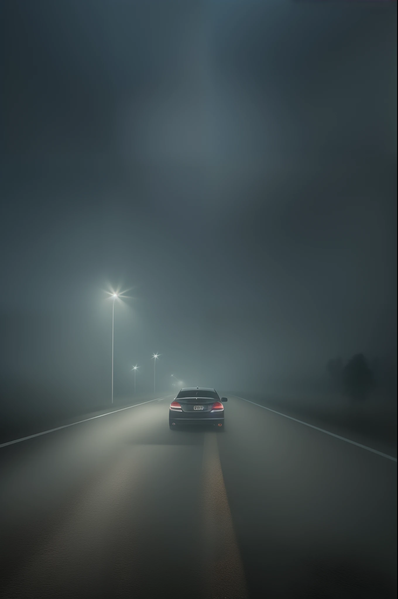 high-level image quality、a picture、24mm Lens、wide angles、Midnight Mountain Road、natta、No streetlights、Lonely atmosphere、A car is running in the center of the screen、Car turns on lights、The only light is a car light、Tail lights、The car is stopped、With the presence of the car、Overall dark image foggy scenery、hazy、Dreamy images、An image that makes you feel a little anxious、S-shaped road in the center of the screen、rain is falling、rain、reflection、Reflectors、More empty proportions、The sky is dark、