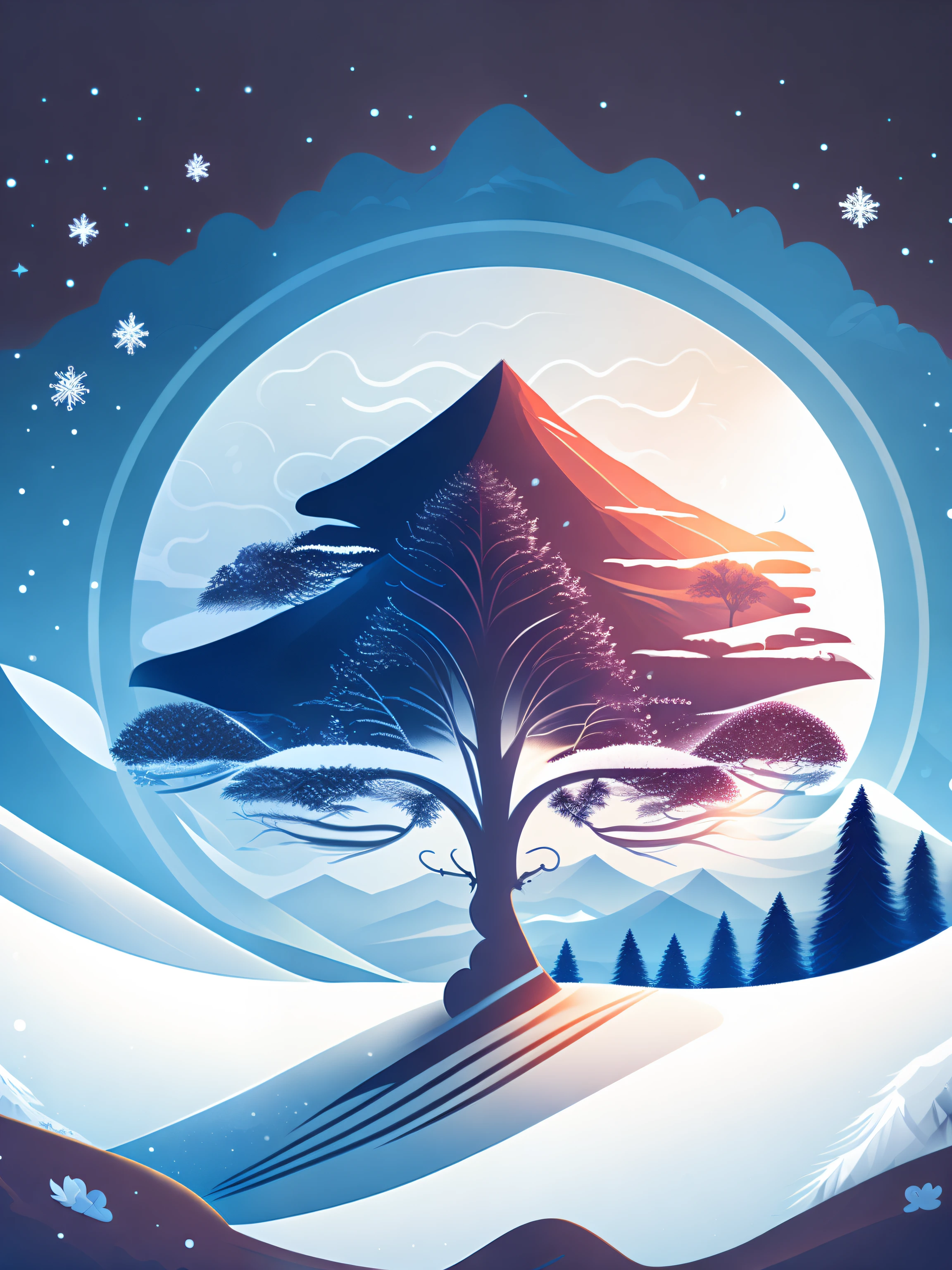a spruice tree in a winter landscape, tshirt design, rzminjourney, vector-art
