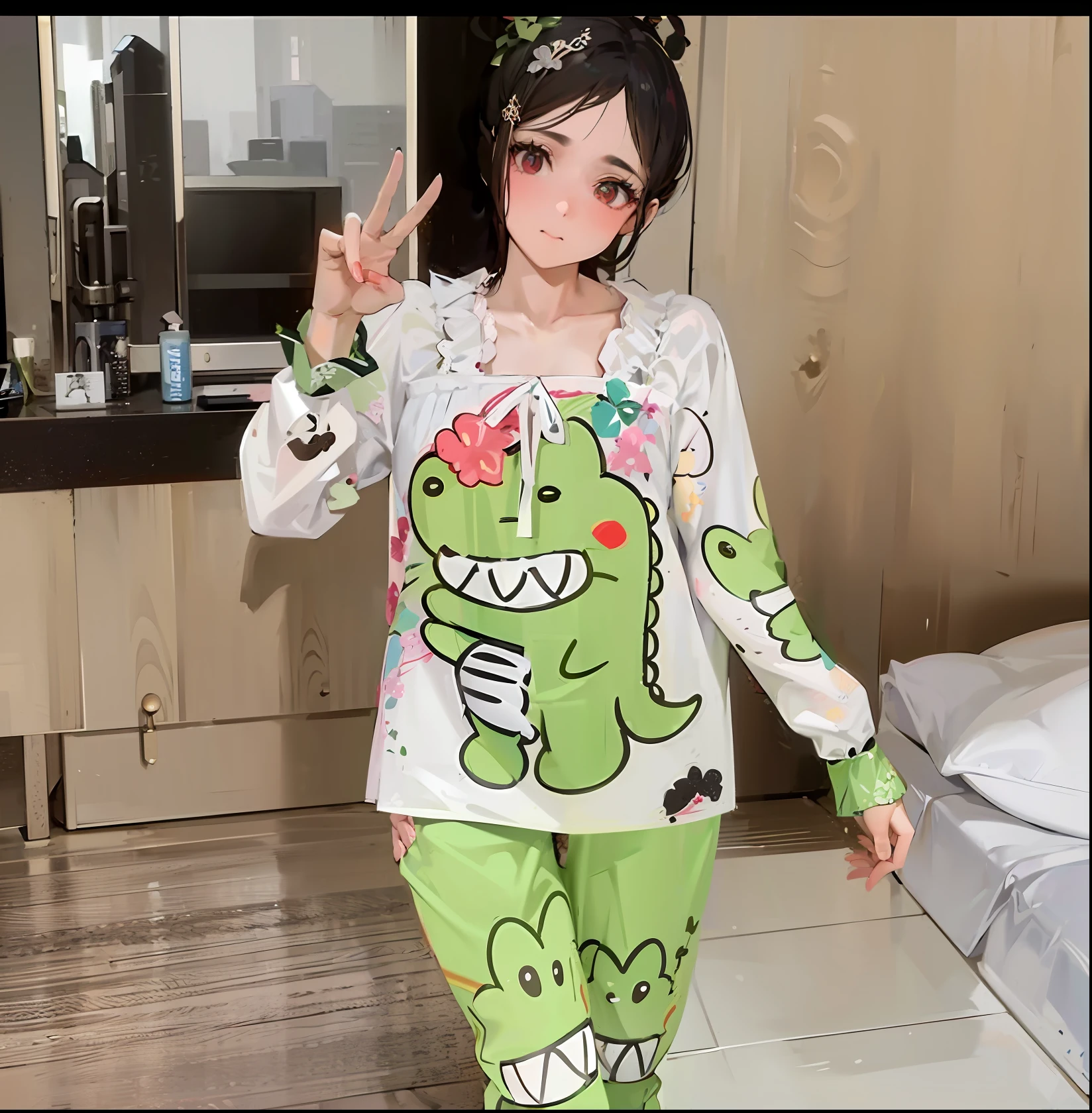 a close up of a person wearing a green and white pajamas, sleepwear, wearing a baggy pajamas, 19xx, wearing pajamas, p. j. n, 2 0 2 0 fashion, high quality material bssrdf, cute cartoon style, ๐คฌ ๐คฎ ๐ ๐, cartoonish style, cartoonish cute, 2021