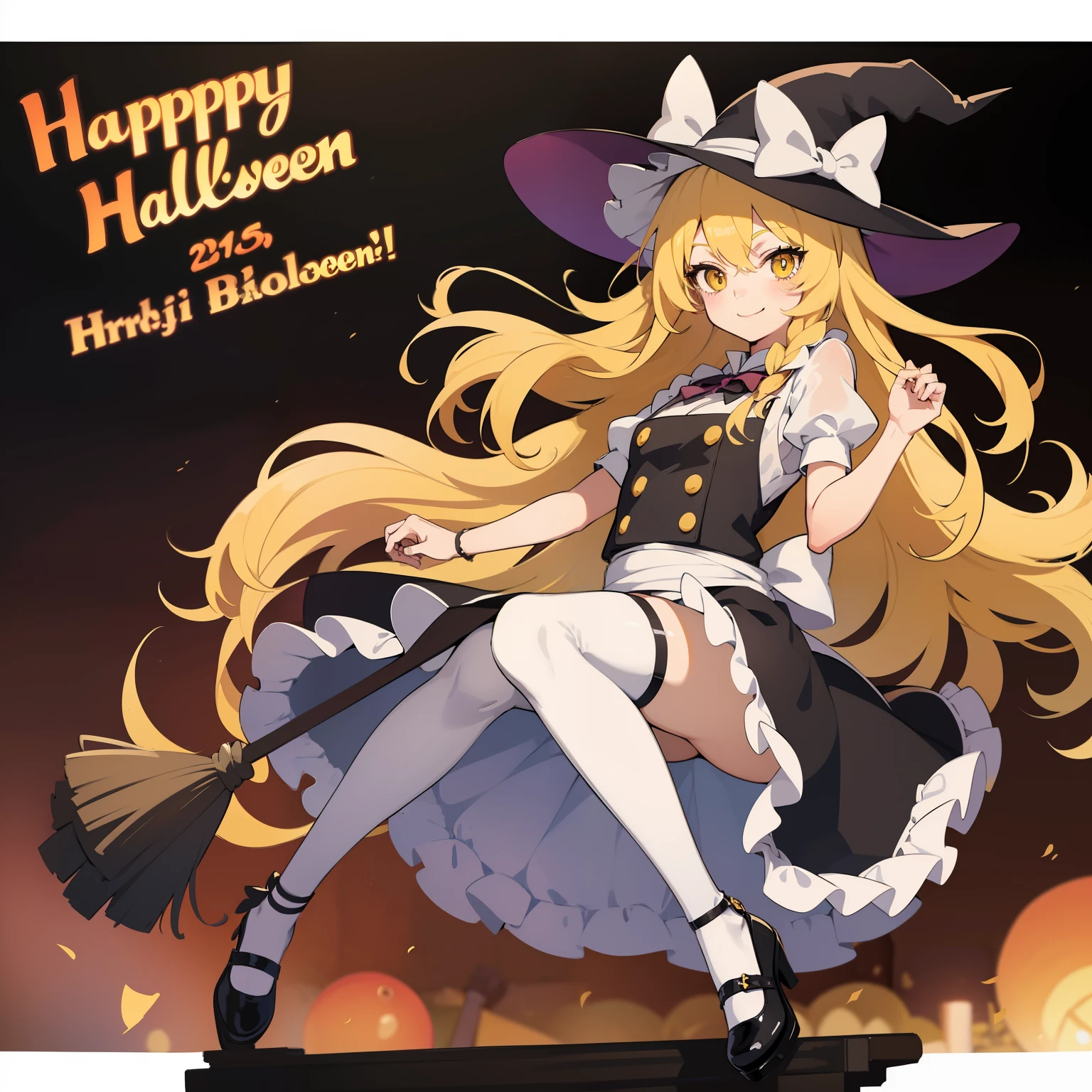 witch girl anime girl anime illustration anime halloween anime anime girl, 1girl, kirisame marisa, hat, solo, blonde hair, style parody, witch hat, yellow eyes, broom, long hair, alphes (style), apron, parody, bow, white bow, hat bow, full body, smile, shoes