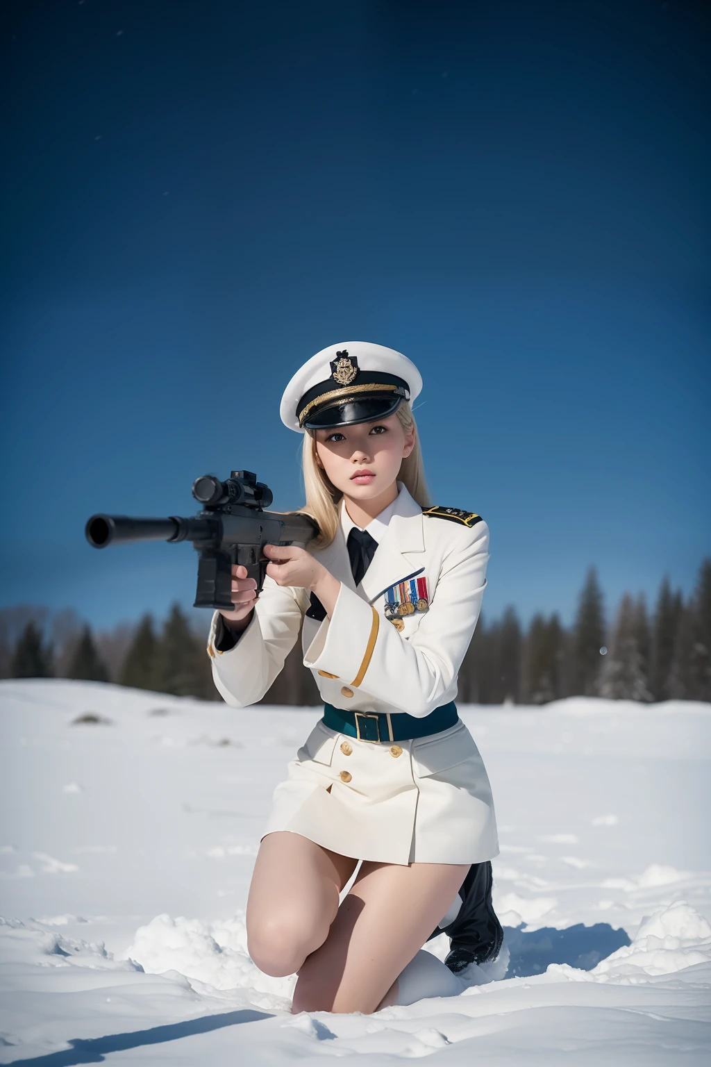 ((on one knee,Female soldier with rifle)),Wild snow,((Masterpiece:1.2, Best quality)),Movie,offcial art,promotional art,movie wallpapers,(A blonde girl is in ), (White suit dress,Double-breasted style,White pleated skirt hem),Uniform cover, Exposing thighs,185cm. Shot in the snow in cinematic style, The color temperature is cool,Slightly bluish tint, Convey a feeling of indifference and tension. The lighting is dramatic,There are harsh shadows and highlights, . Shot with a Sony A7R IV camera,The aperture is f/2.8, ISO 1600, a shutter speed of 1/200th of a second. UHD dtm HDR 8k.