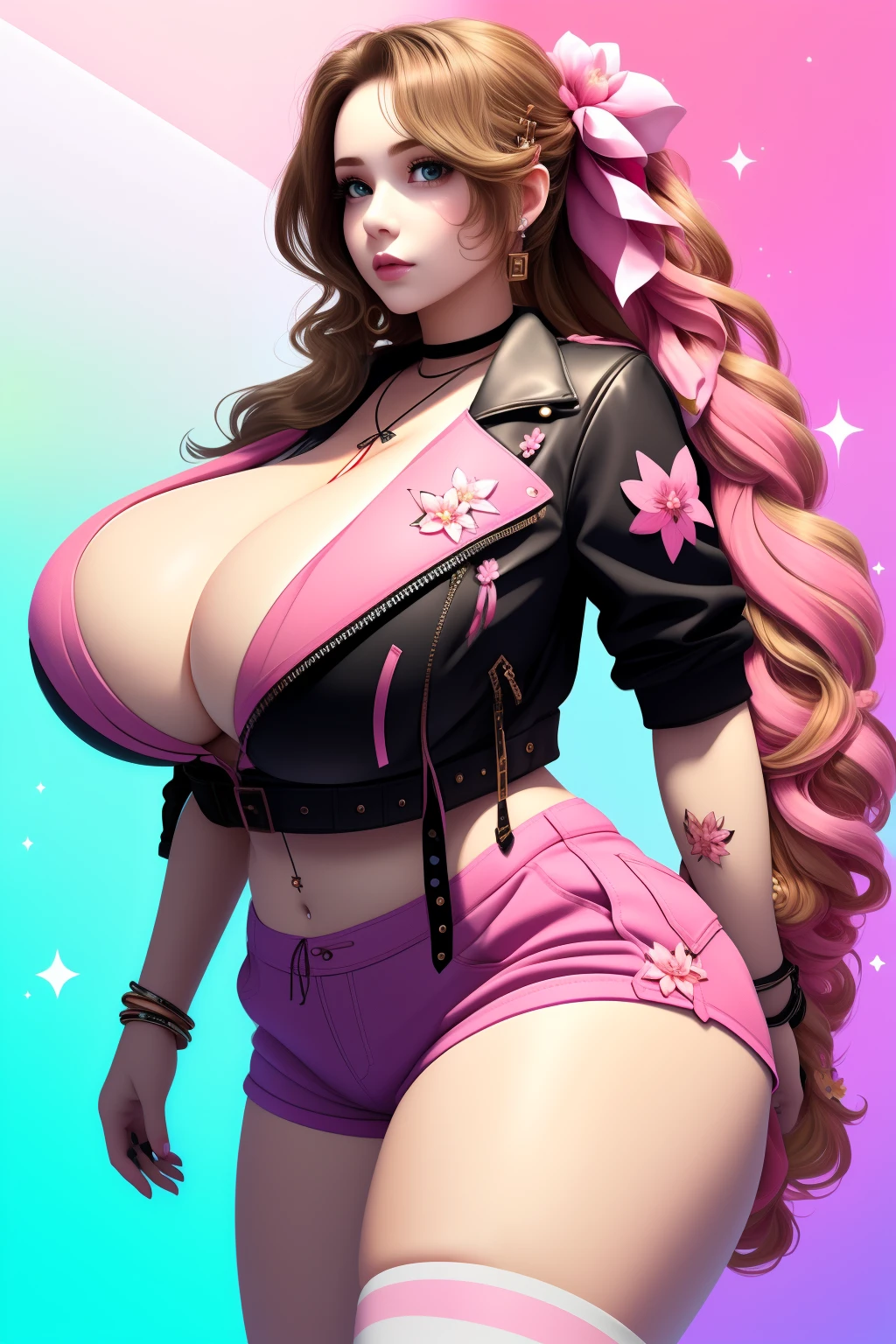 (best quality,masterpiece),superlative beautiful detailed face,age 30,adult woman with (gigantic breasts:1.6),In Harajuku shorts with (ill fit Harajuku pink T-shirt)(aerith gainsborough),(curvy),Decora Accessories,choker, cropped jacket,hair bow, bracelet,very long hair, hair ribbons and clips,cute and sexy,(Harajuku brown,red, and pink flower theme with flower effects)