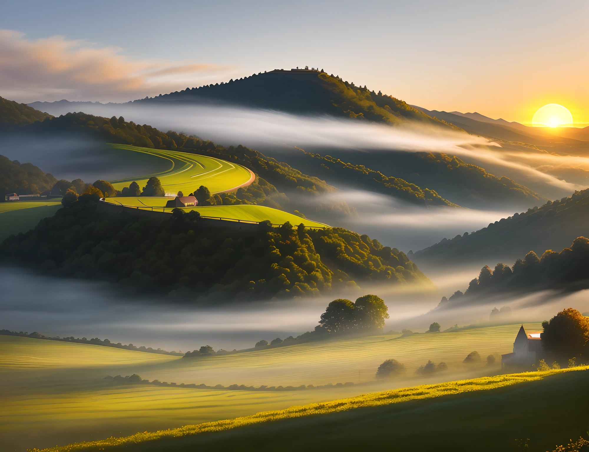 Beautiful countryside,Smoke,softcolors,Dream fog,terraced,eventide,the sunset