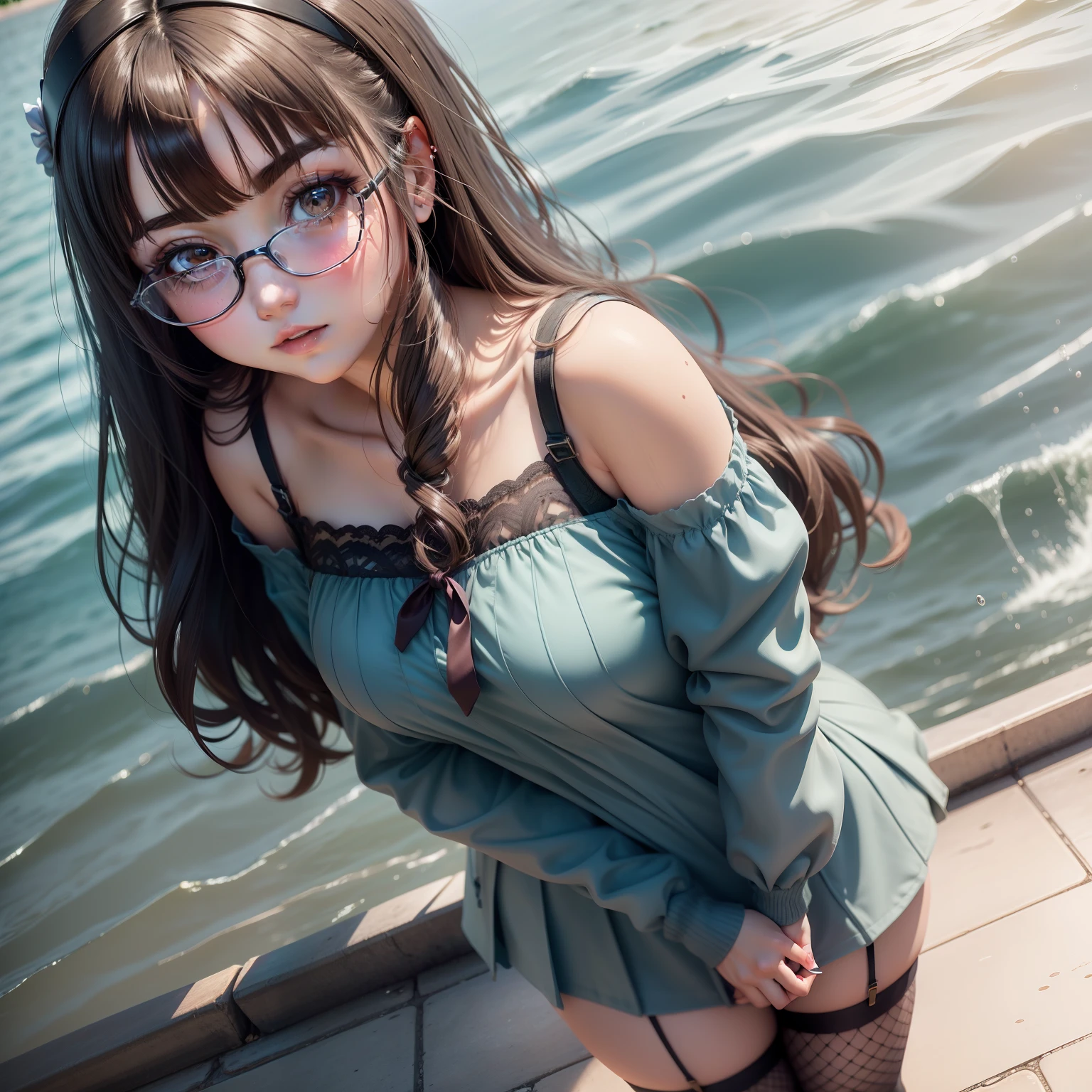 largeeyes,Moe girl,quadratic element,Day Man Girl,high school senior,Light,Girly,adolable,brunette color hair,Pure desire,(Carefully portray the face)Water,fishnet stockings