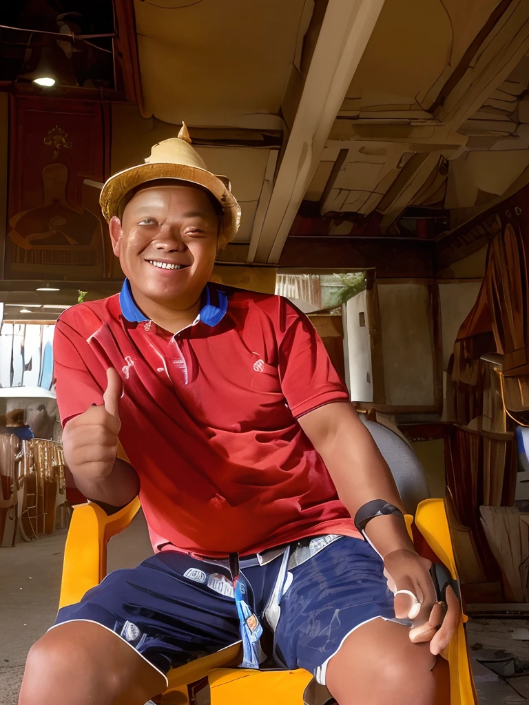 there is a man sitting on a chair giving a thumbs up, inspired by I Ketut Soki, with cigar, he is about 12 years old, he is about 18 years old, ramil sunga, he is about 25 years old, he is about 30 years old, potrait, thawan duchanee, hideo minaba