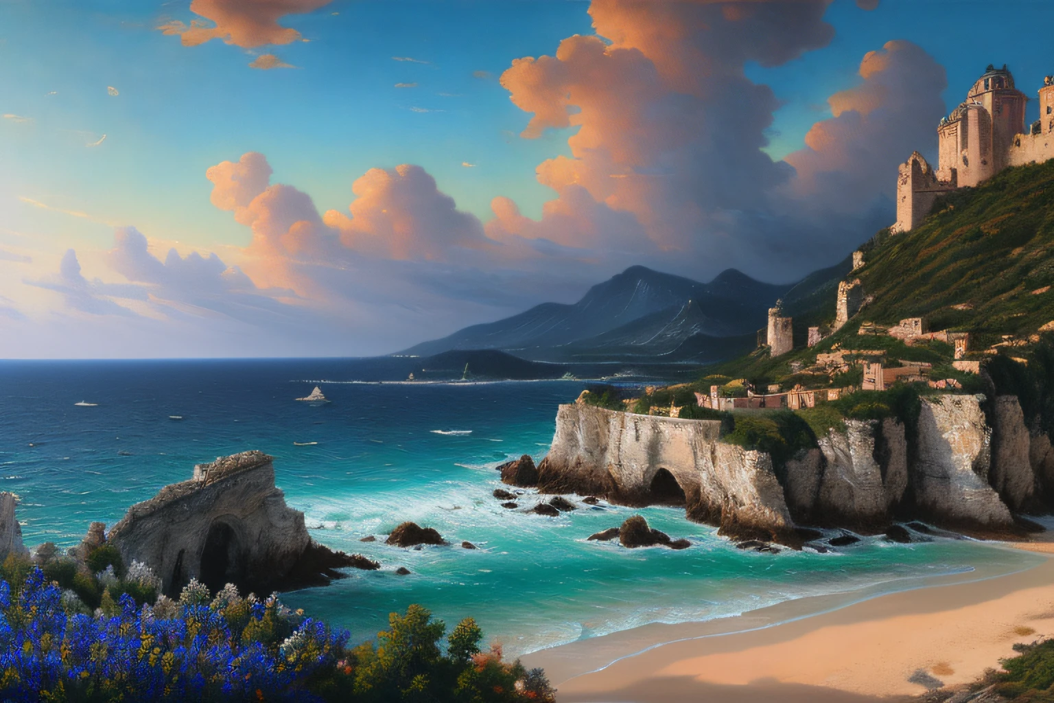 Paysage mer cristalline bleu profond, , Eau cristalline, ciel azur lumineux, ,(Highly detailed CG Unit 8k wallpaper), The most beautiful work of art in the world, Professional majestic oil painting, complexe, High detail, mise au point nette, dramatique, Art of photorealist painting, Alma Tadema