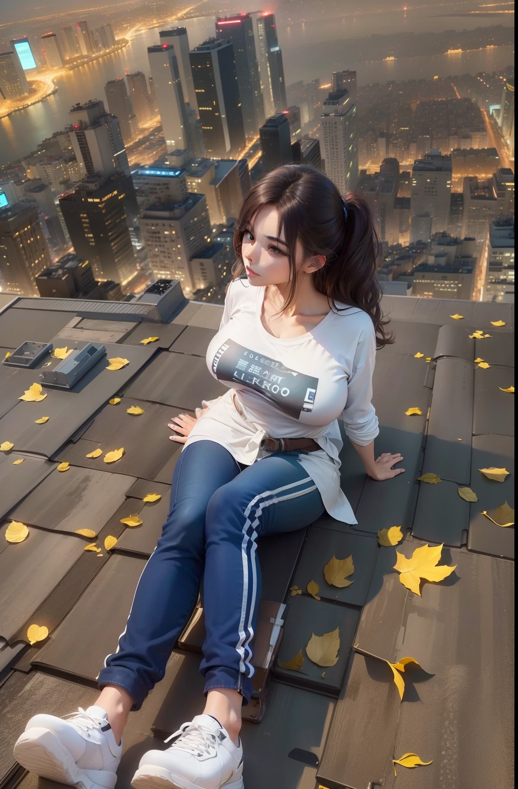 ((Midnight, Best quality, 8k, Masterpiece :1.3)), Whole body, Long legs, Sharp focus :1.2, A pretty woman with perfect figure :1.4, Slender abs :1.1, ((Dark brown hair,Gigantic breasts :1.2)), (White tight tshirt, Jean bib, Standing:1.2), ((Night city view, Rooftop:1.3)), Highly detailed face and skin texture, Detailed eyes, Double eyelid