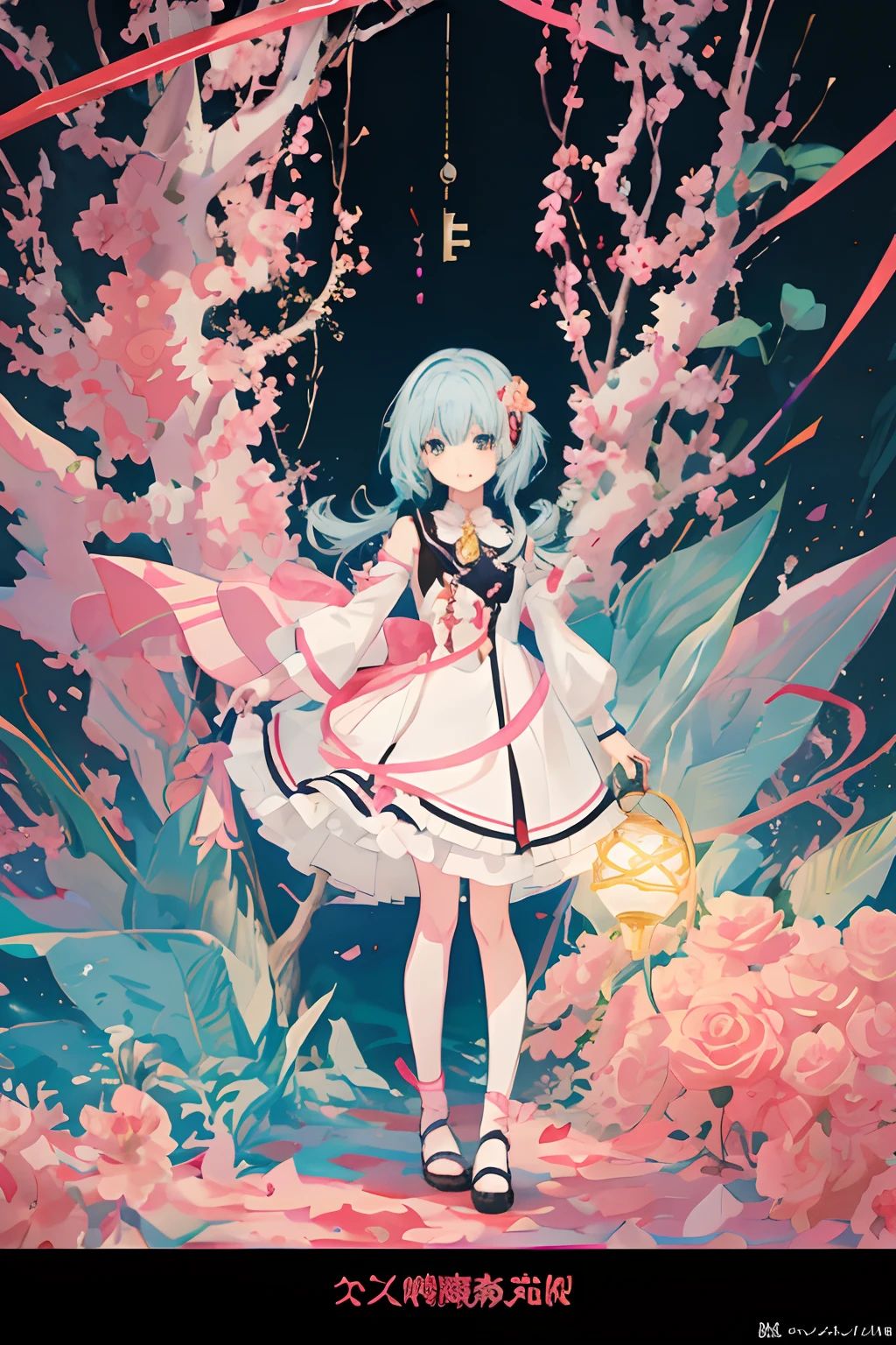 Anime girl with roses and dress in her hair, Kushatt Krenz Key Art Women, Ayaka Genshin impact, cute anime waifu in a nice dress, Splash art anime Loli, loli in dress, 8K high quality detailed art, 《the original god》Character Noel, Best anime 4k konachan wallpaper, Detailed key anime art, Epic light novel art cover，Wearing black stockings，White color hair，green pupills，Short ear-length hair