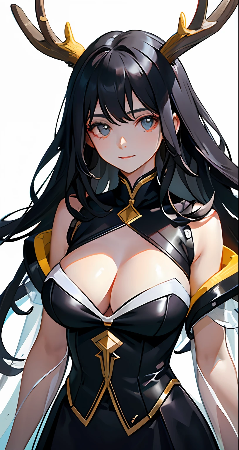 tmasterpiece,best qualtiy,1girl,,with black curled hair,closeup cleavage,brightly,lineworks,abstracted,cheerfulness,intriguing,Clothing on the chest is transparent,Humanoid deer body,Jessica,the detail