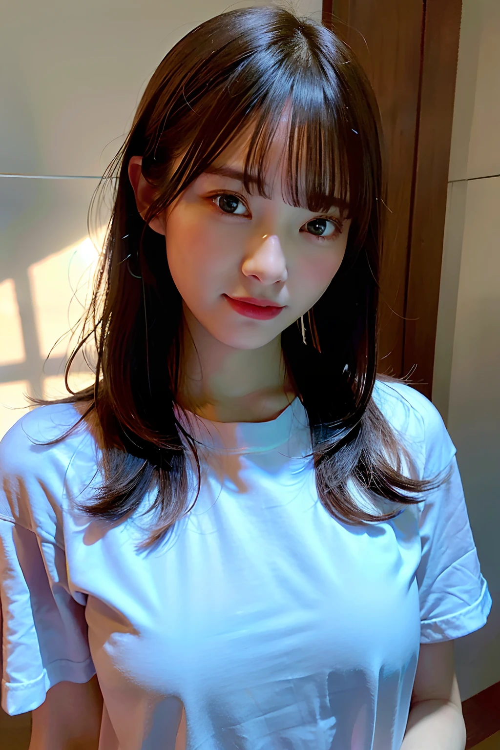 (Raw foto:1.2), (Photorealsitic:1.4), a beautiful detailed girl, extremely detailed eye and face, beatiful detailed eyes, Ridiculous, unbelievable Ridiculous, huge filesize, ultra-detailliert, hight resolution, ighly detailed, top-quality, masterpiece, ighly detailed, nffsw, unification, 8k wallpaper, magnifica, finely detail, masterpiece, top-quality, Light on the Face、电影灯光、yo girl、((over-size shirt))