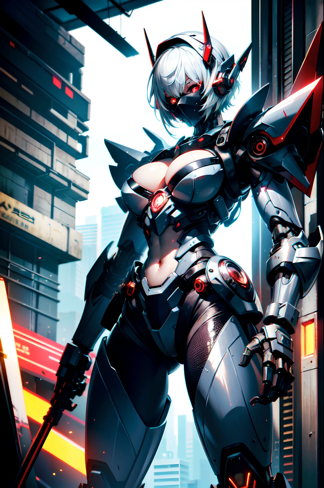 Transcendent Beautiful Girl, Machine body, Mechanical Naked Cyborg, mecha musume, White hair, short-hair, (glow red eyes:1.3), Inorganic skin, Science Fantasy,BREAK, (exoskeleton suit), (perfect fingers, 4fingers and 1thumb), (Heavily armored limbs:1.5), (cleavage, navel, zettai_ryouiki), BREAK, cowboy_shot, side focus, open stance, (cyber tech punk mask:1.2), huge thrusters on the waist, sideboob, bloom, super fine concept art, extremely detailed, hawken, sci fi battlefield, Masterpiece, best quality, captures a super cute moment, depth of field, ultra detailed, ultra high resolution, C4D, Octadale, 3D modeling, 8k, 16k,